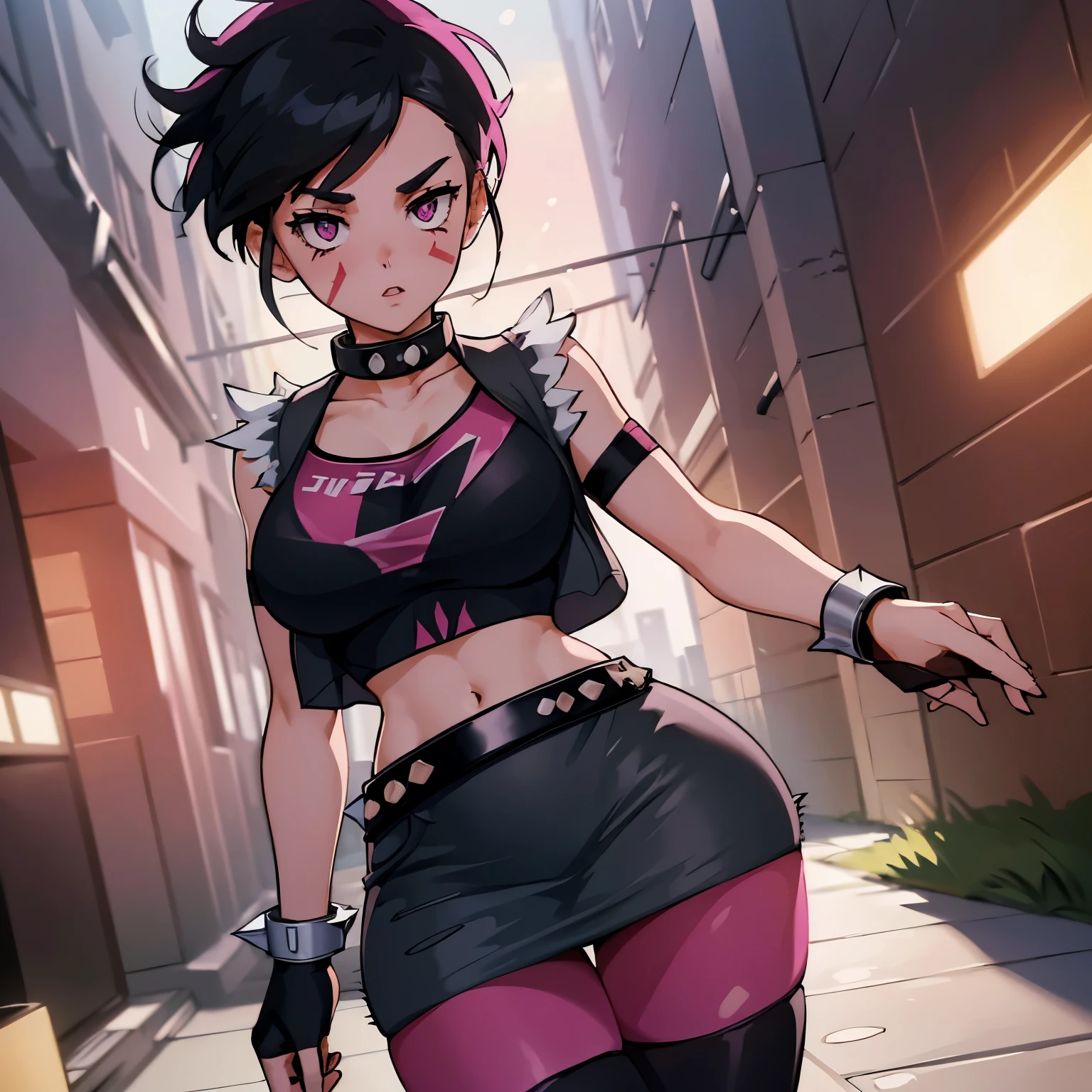 (insanely detailed, beautiful detailed face, masterpiece, best quality), ((masterpiece)),((best quality)),(highres), bokeh, looking at viewer, solo, 1girl, cowboy shot, tygoutfit, midriff, pink leggings ,facepaint, pkmntyg, armband, collar, black vest, black crop top, fingerless gloves, torn clothes, spiked bracelet, belt, black skirt, pink pantyhose, black boots, medium breasts, kotomi takanashi, black hair, black eyes, short hair