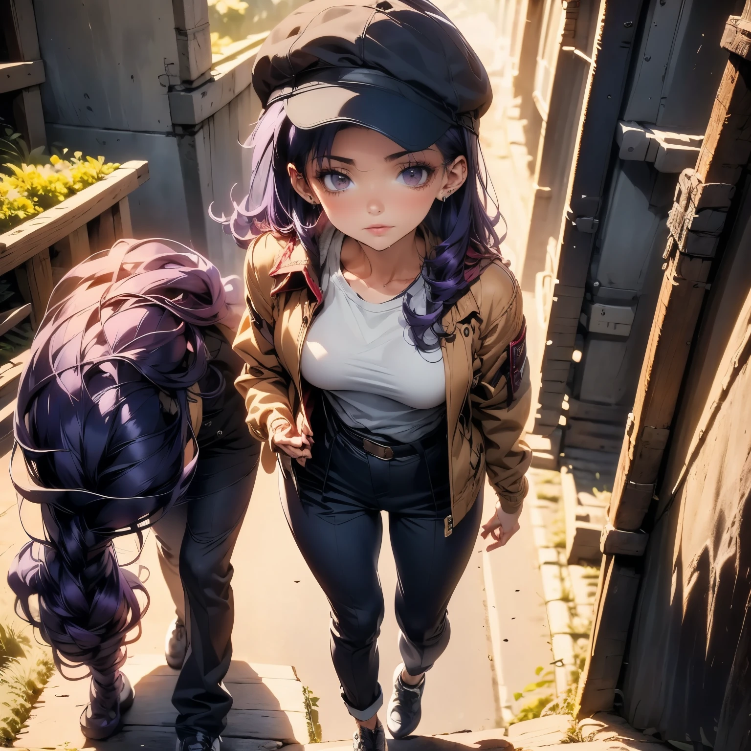 (masterpiece), best quality, 1girl, expressive eyes, perfect face, (purple hair), perfect anatomy, full body, 4k, HDR, full HD, masterpiece, 1 girl, (purple hair), perfect anatomy, full body , alone, she is wearing a brown fedora hat, it is the typical Safari shirt in a soft khaki color, she is wearing the Indy jacket, the pants are tight to her body, the pants are made of a dark khaki wool with a Pleated gasp, he wears a whip hanging from his waist,