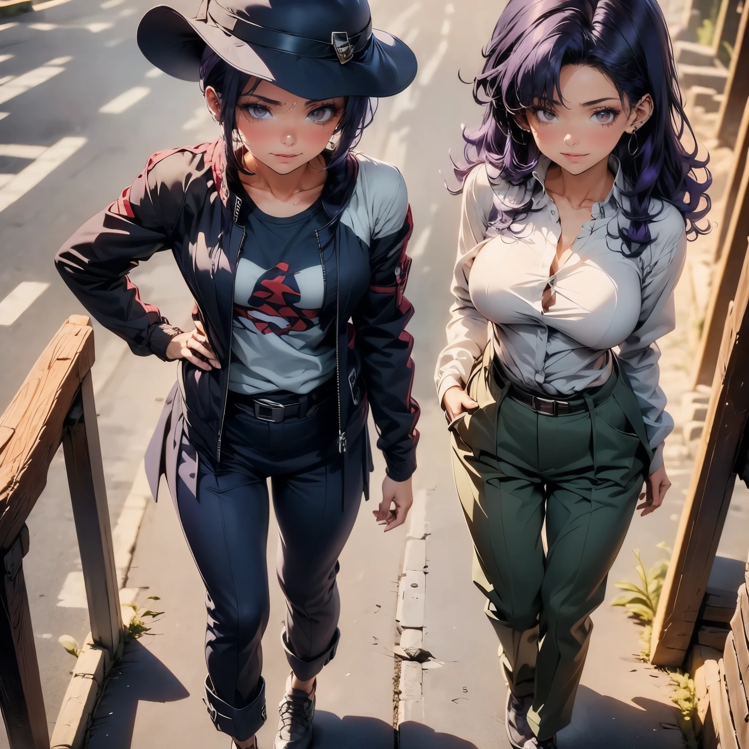 (masterpiece), best quality, 1girl, expressive eyes, perfect face, (purple hair), perfect anatomy, full body, 4k, HDR, full HD, masterpiece, 1 girl, (purple hair), perfect anatomy, full body , alone, she is wearing a brown fedora hat, it is the typical Safari shirt in a soft khaki color, she is wearing the Indy jacket, the pants are tight to her body, the pants are made of a dark khaki wool with a Pleated gasp, he wears a whip hanging from his waist,