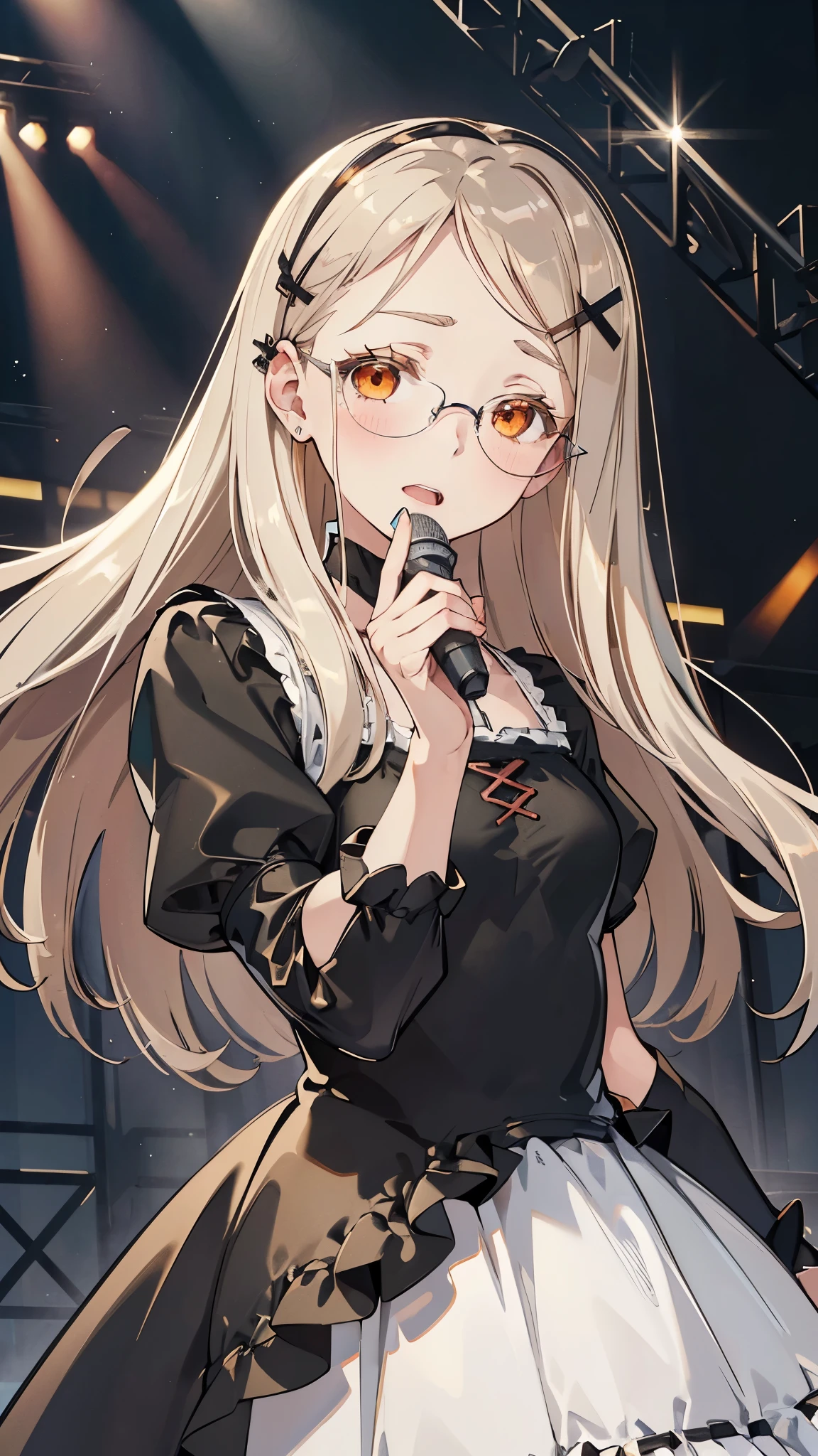 masterpiece, ultra detailed, 8k portrait, RAW photo, portrait photography, Highly detailed face, beautiful and meticulous eyes, (amber color eyes:1.5), (Glasses:1.2), (blush:1.5), (tilt one's head:1.5), (singing on stage by the audience:1.5), outdoor, (black puffy sleeve dress:1.7), cute girl, (platinum blond hair:1.5), (platinum blond colored eyelash:1.5), (medium hair:1.0), (parted bangs:1.5), (hairpin1.5), (sleepy face:1.0), (smile:.2), young girl, 1girl, beauty girl, pretty girl, 159cm, 41kg, (skinny:1.5), 
