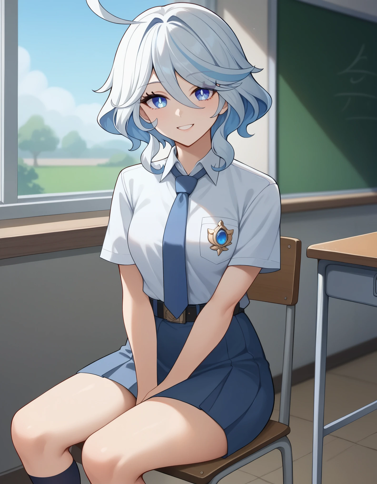 score_9, score_8_up, score_7_up, solo,1girl, furina_\(genshin_impact\), medium breasts, tucked in sma shirt, sma necktie, sma belt, sma skirt, sma shirt, sma skirt, inside classroom, windows, chair, tables thighs, looking at viewer, smile, sunligth, sit on chair, socks, hands between thighs, anime screencrap, dutch shot