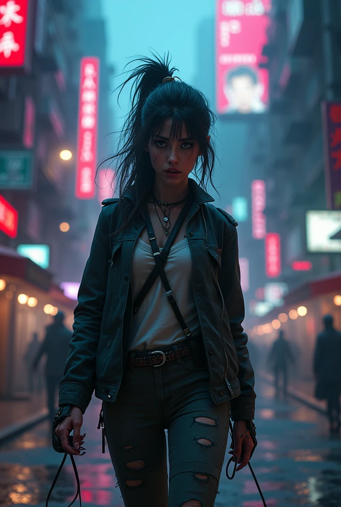 A lady of the night standing on the corner, smoking a cigarette. She looks tired and worn down, rough hair and makeup. Photorealistic