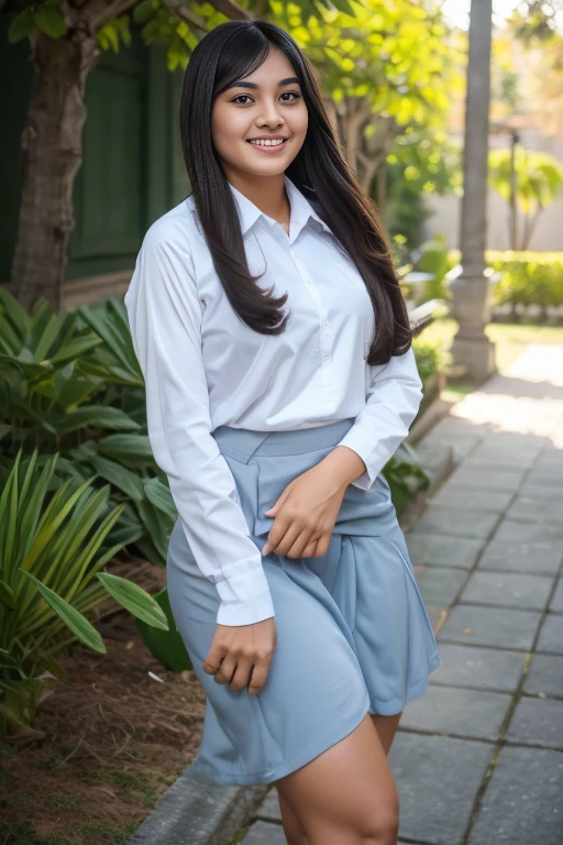A sweet beautiful young Bogor city girl, 17 years old, sweet georgeus round childish face, white pale skins, big wide forehead, cute hawk type little nose, big round eyes,  dark big mole under her eyes, very slim little  body, slim legs, very slim buttock, straight neck short slim  hairs, dark brownish small mouth, sensual thin uper lip, sensual heavy lower lip, small size teenage breasts, descent mixed from sundanese and javanese,  shy and quite type girl, her name is Salma, sweaty thin straight medium short  black hairs with a bangs, standing cheerful  spread legs at her home yard, wearing white buttoned thin Indonesian long sleeve school dress, wearing grey kneel long muslimah skirt,  sun shine shining to all  her body, sweat on all her skins and hairs, sweaty face, cute sweet smiling to us, wearing glasses, wearing white short socks,  wearing sport shoes, 
