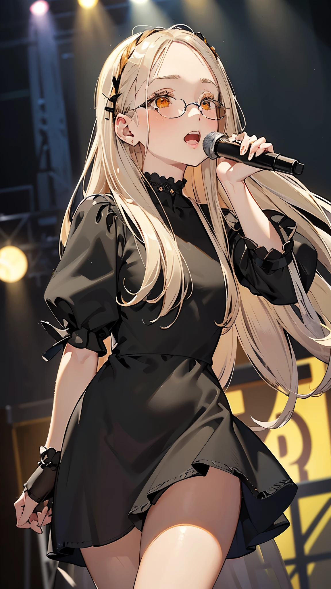 masterpiece, ultra detailed, 8k portrait, RAW photo, portrait photography, Highly detailed face, beautiful and meticulous eyes, (amber color eyes:1.5), (Glasses:1.2), (blush:1.5), (tilt one's head:1.5), (singing on stage by the audience:1.5), outdoor, (black puffy sleeve dress:1.7), cute girl, (platinum blond hair:1.5), (platinum blond colored eyelash:1.5), (medium hair:1.0), (parted bangs:1.5), (hairpin1.5), (sleepy face:1.0), (smile:.2), young girl, 1girl, beauty girl, pretty girl, 159cm, 41kg, (skinny:1.5),
