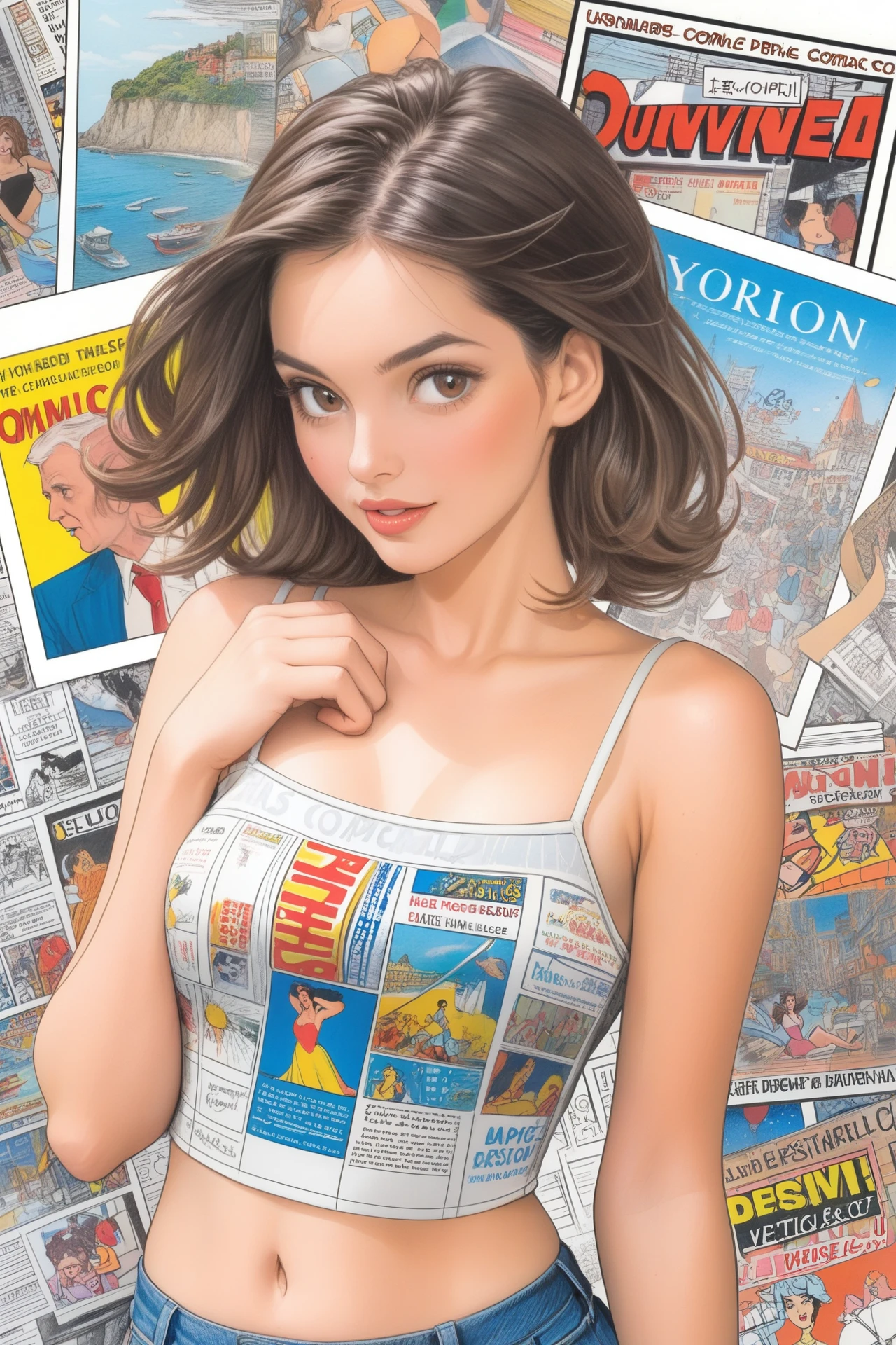 woman,Short camisole,white art,advertisement,Colored pencil drawing,draft ,Comic collage illustration