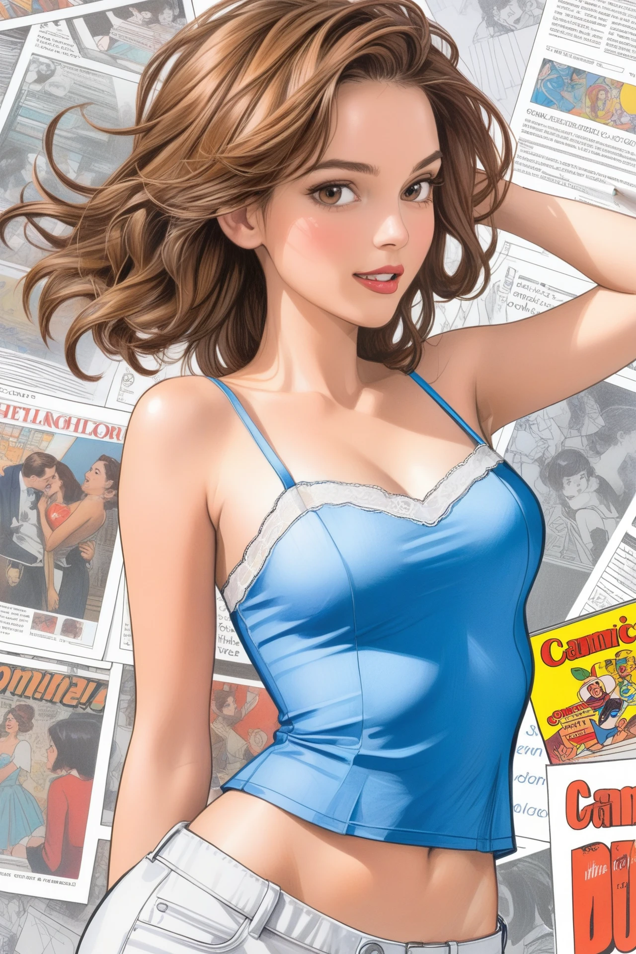  woman，Short camisole，white，art，advertisement，Colored pencil drawing，draft ，figure，Comic Collage