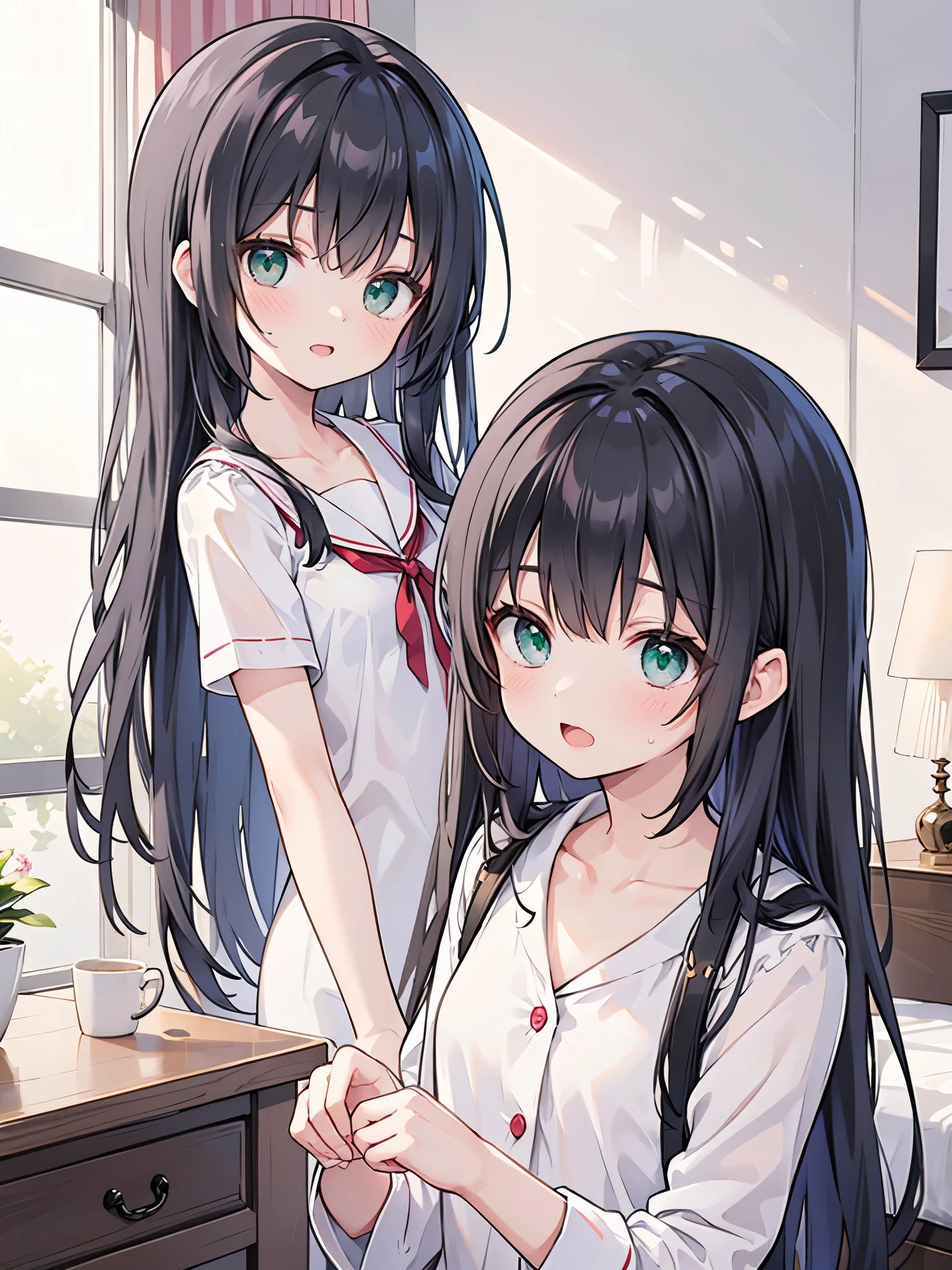 ((Best Quality, 8k, masterpiece: 1.3)),people間の女の子,1people,1peopleで,((Petite,Glamorous Body,Curvy)),cute,Beautiful emerald green eyes wide open,Surprised and amazed expression,Open your mouth wide,((Long black hair)),Jumping out of bed in light blue pajamas,The curtains are closed,The sun begins to rise,
