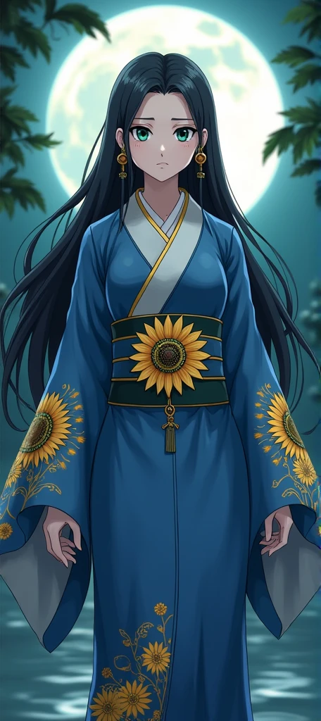 clan: Kagetsu (Moon Flower)

Description: Aiko is a 2 woman, with long black hair that reflects the moonlight, and intense green eyes that seem to shine as if they hold secrets of the herbs he grows. Your skin is clear and smooth, like the petals of a flower, and she has an elegant and confident posture.

Clothing: Aiko wears an elaborate kimono in shades of blue and silver, symbolizing the connection with the moon and the night. The sunflower emblem is embroidered in gold on the sleeves and belt, representing the wealth of their clan and connection with nature. Her accessories include a moonstone necklace and sunflower earrings.. 

Make it in the style of Naruto Shippuden, make her like she&#39;s from Naruto&#39;s mind 