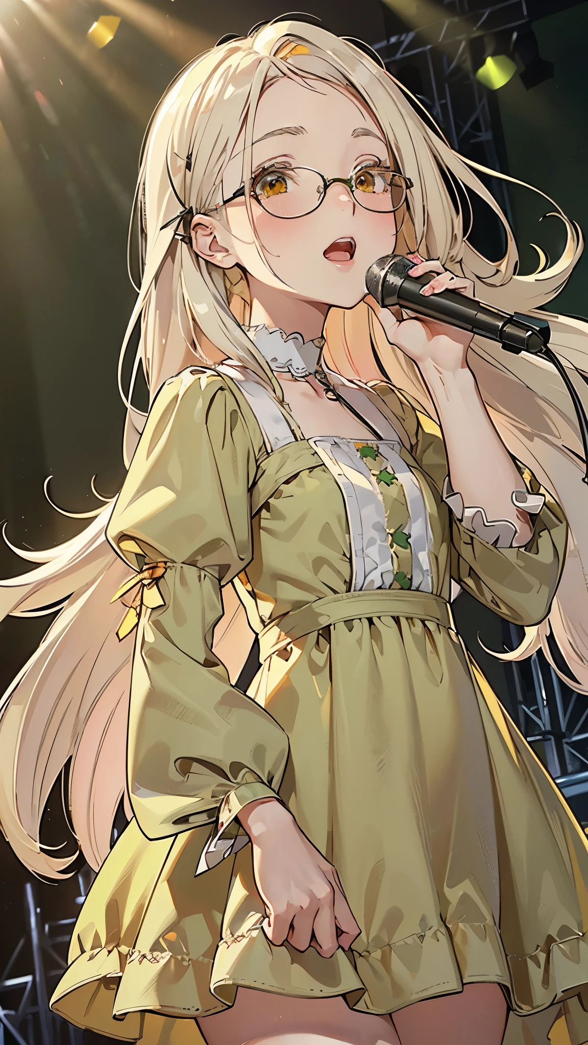 masterpiece, ultra detailed, 8k portrait, RAW photo, portrait photography, Highly detailed face, beautiful and meticulous eyes, (amber color eyes:1.5), (Glasses:1.2), (blush:1.5), (tilt one's head:1.5), (singing on stage by the audience:1.5), outdoor, (light green puffy sleeve dress:1.7), cute girl, (platinum blond hair:1.5), (platinum blond colored eyelash:1.5), (medium hair:1.0), (parted bangs:1.5), (hairpin1.5), (sleepy face:1.0), (smile:.2), young girl, 1girl, beauty girl, pretty girl, 159cm, 41kg, (skinny:1.5),