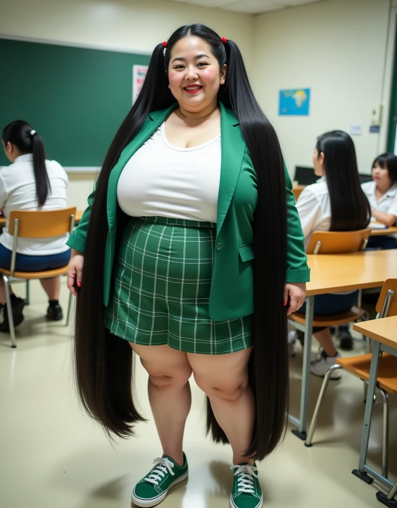 8k,Highest quality, masterpiece, Ultra-high resolution,(masterpiece:1.6, Highest quality), Intricate details, Middle-aged woman in her 50s,Japanese, alone, full body, ((dynamic pose:1.4)),((Absurdly Long twintails:1.5)),top of head, (jet Black Hair),  (forehead:1.5), (Extremely obese:1.4), (Fat face:1.3), (round face:1.2), (Saggy face:1.3), crow's feet wrinkies, (Relaxed body), (((Super huge breasts:1.7))), (((Saggy breasts:1.7))), ((Cleavage:1.3)),((Abnormally long, beautiful black twintailsl that reaches down to her heels:1.5)), ((Her excessively long black twintails reaches the ground:1.5)), ((pale skin, shiny skin, Smiling happily,heavy makeup, pink cheek, red lips, thick lips:1.2)),(A mature woman dressed as a high school girl is dancing in a school classroom)((Green Blazer,Green checked mini skirt,Green sneakers:1.2)),((machine、chair,blackboard))