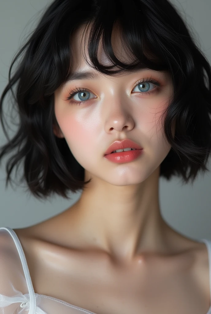 , Shiny black hair, , Shoulder-length short bob hair, The forehead is hidden by the bangs. Pale blue eyes like tears,double、Plump, Shiny, Pale pink lips . Moisturize your lips with lip balm、Plump唇を強調、He opens his mouth a little as if to talk to me.、The lip balm sticking out from her lips is Shiny.. She has a clear face, Beautiful face and sharp expression..Sheer off-shoulder top. 、Realistic, 4K, Best Quality,Gentle features, Elegant expression, Delicate skin,, 