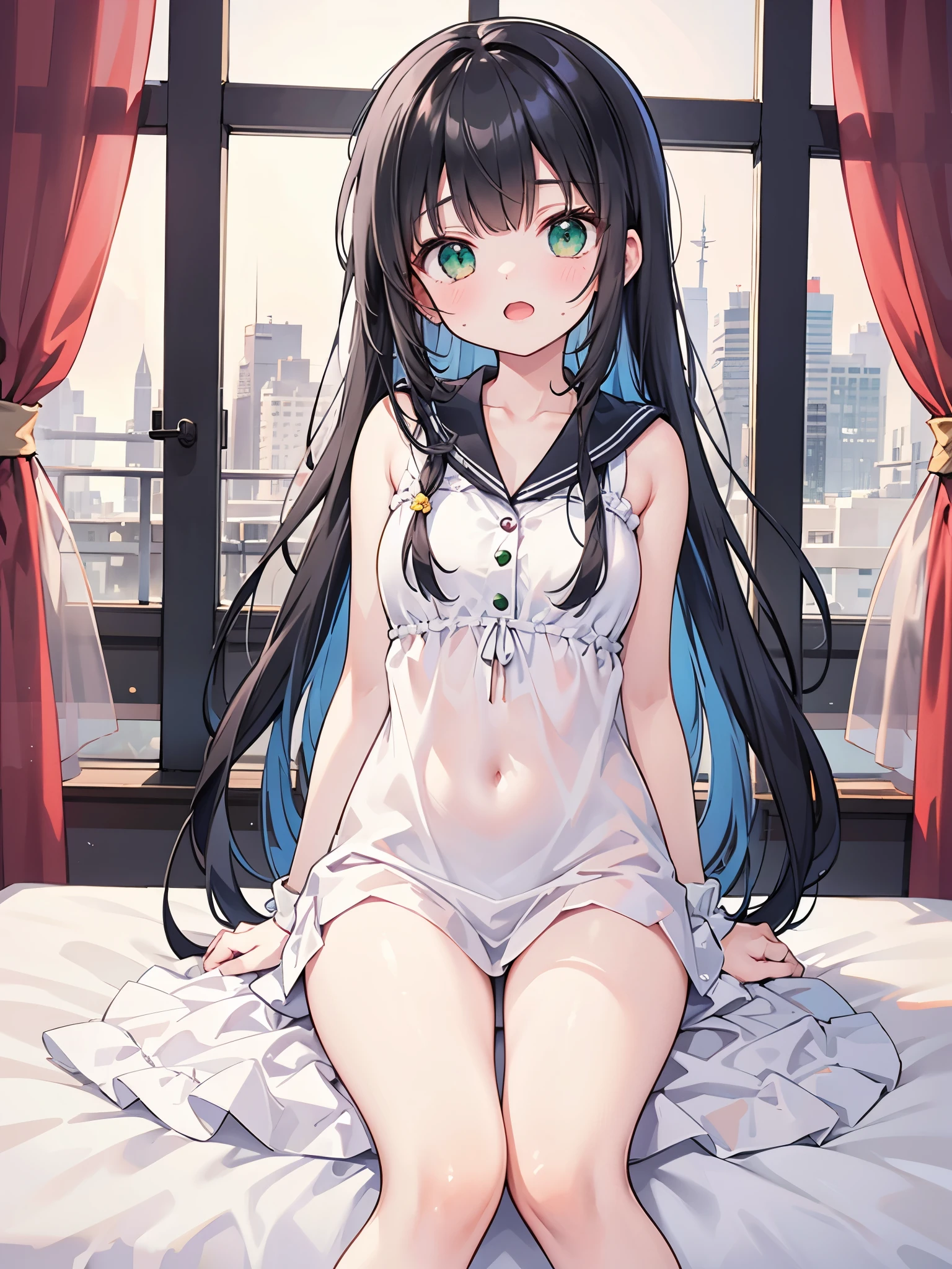 ((Best Quality, 8k, masterpiece: 1.3)),people間の***,１people,１peopleで,((Petite,Glamorous Body,Curvy)),cute,Beautiful emerald green eyes wide open,Surprised and amazed expression,Open your mouth wide,((Long black hair)),Jumping out of bed in light blue pajamas,The curtains are closed,The sun begins to rise,