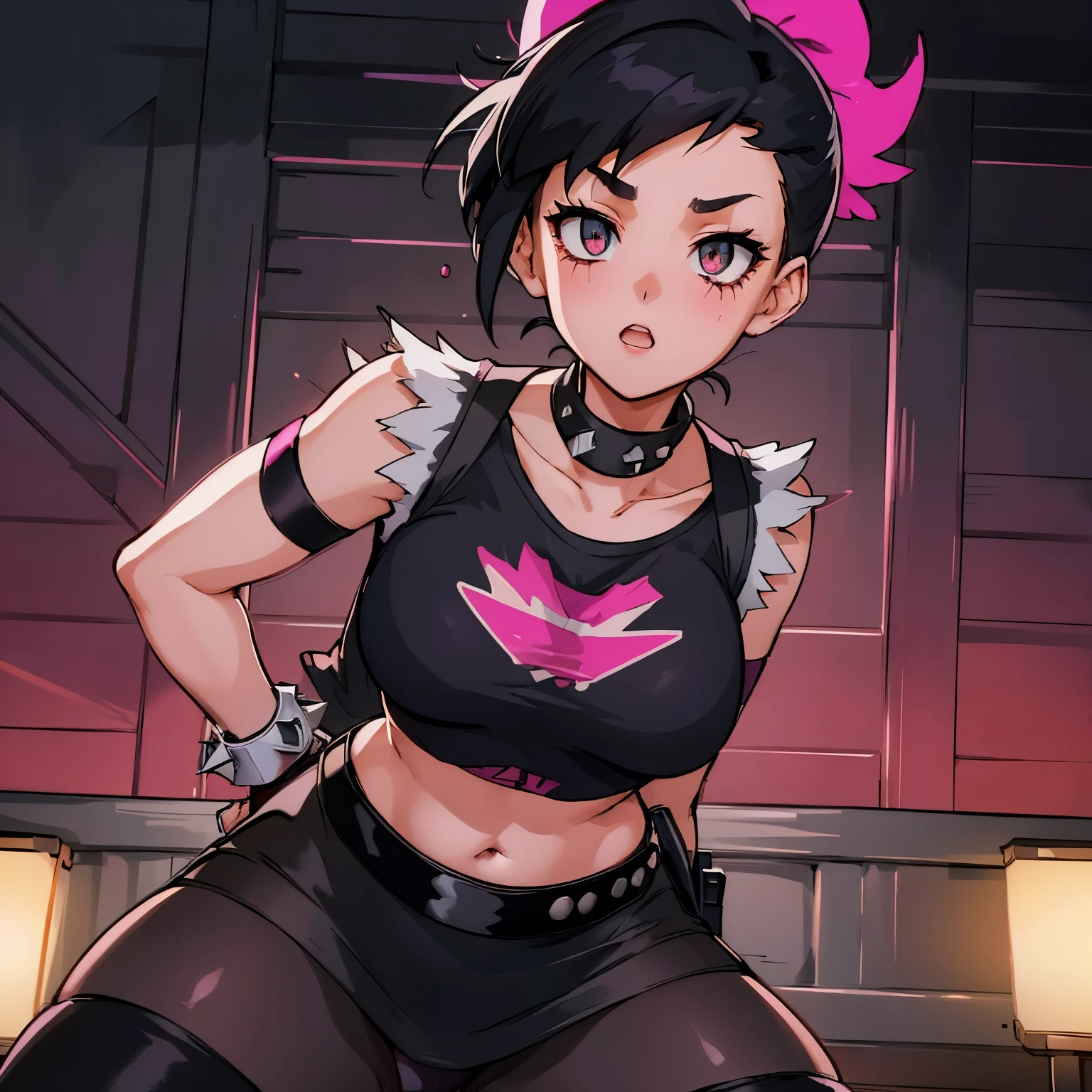 (insanely detailed, beautiful detailed face, masterpiece, best quality), ((masterpiece)),((best quality)),(highres), bokeh, looking at viewer, solo, 1girl, cowboy shot, tygoutfit, midriff, pink leggings ,facepaint, pkmntyg, armband, collar, black vest, black crop top, fingerless gloves, torn clothes, spiked bracelet, belt, black skirt, pink pantyhose, black boots, medium breasts, kotomi takanashi, black hair, black eyes, short hair