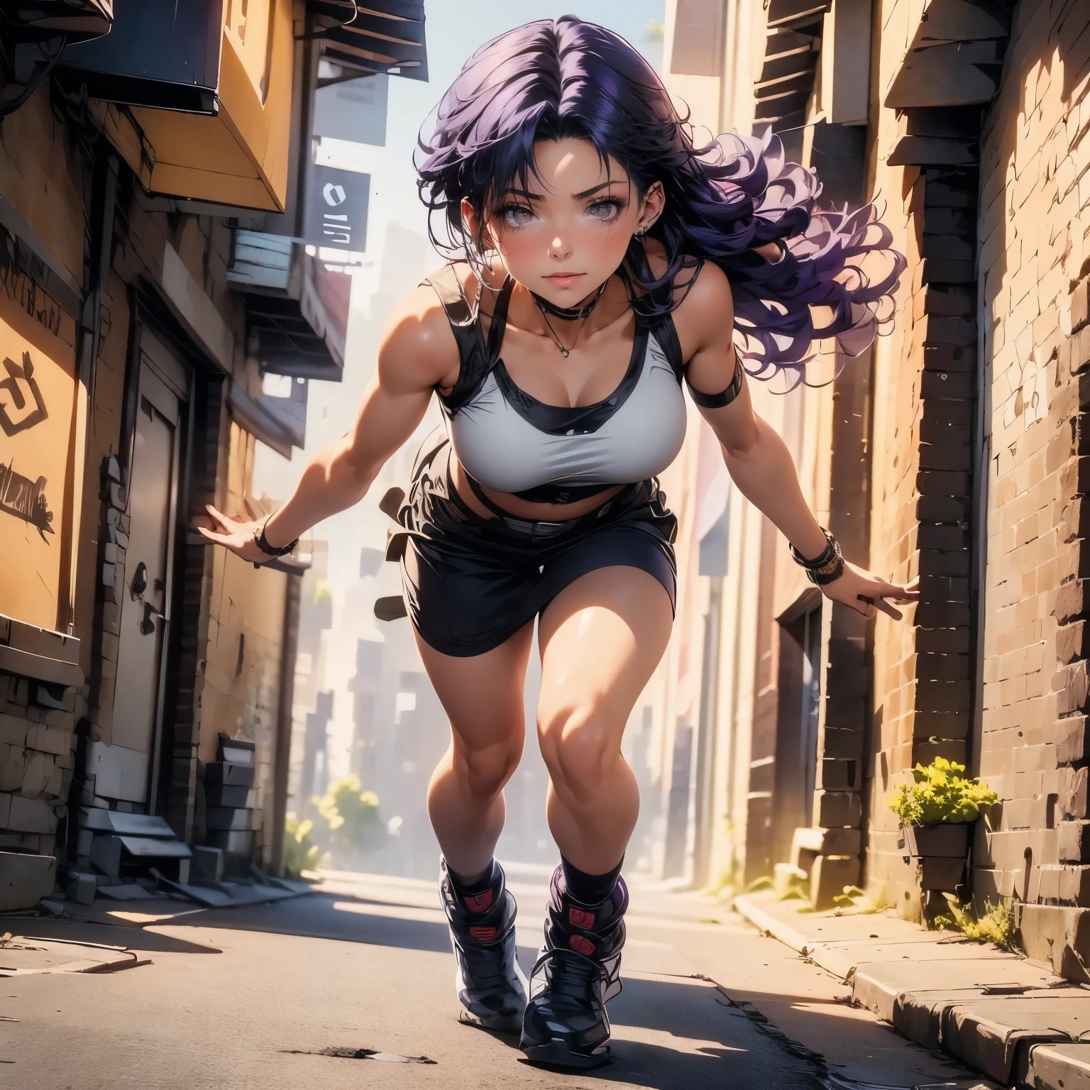 (masterpiece), best quality, 1girl, expressive eyes, perfect face, (purple hair), perfect anatomy, full body, 4k, HDR, full HD, solo, cosplay as Lara Croft, she is escaping from some bandits for a dark alley,