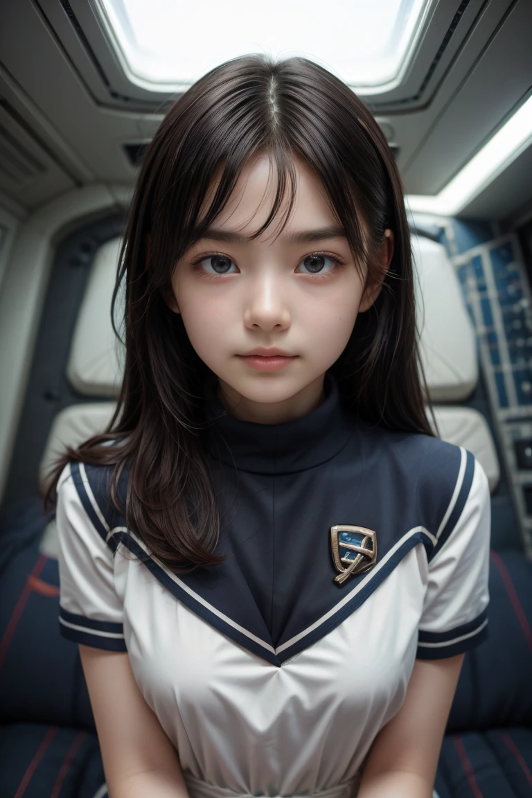 nsfw、Best Quality、Ultra-high resolution、1 person、whole body、Black Hair、Straight long hair、In a small spaceship、Pilot Room、Looking into the camera、Beautiful and elegant face、Fine and beautiful skin、Skin Texture、Junior high school students、Small breasts、tanding pose、Very good、Starfleet Uniforms、Underbust:1.3