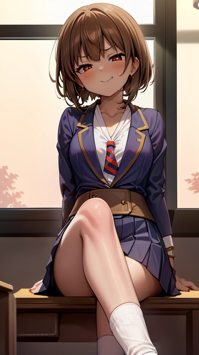 ((1girl, solo ,alone, megumin, short hair, red eyes, brown hair, ((short woman, small bust)), painted nails, gold bracelets, ruby earrings)), ((solo, 1woman, pink lipstick, Extremely detailed, ambient soft lighting, 4k, perfect eyes, a perfect face, perfect lighting, a 1girl)), austere, (( Japanese schoolgirl, Japanese school uniform, navy blue blazer, white shirt, striped tie, gray skirt, pleated skirt, brown shoes, white socks, sitting, chair, legs crossed, tables, classroom, window, school, smug ))