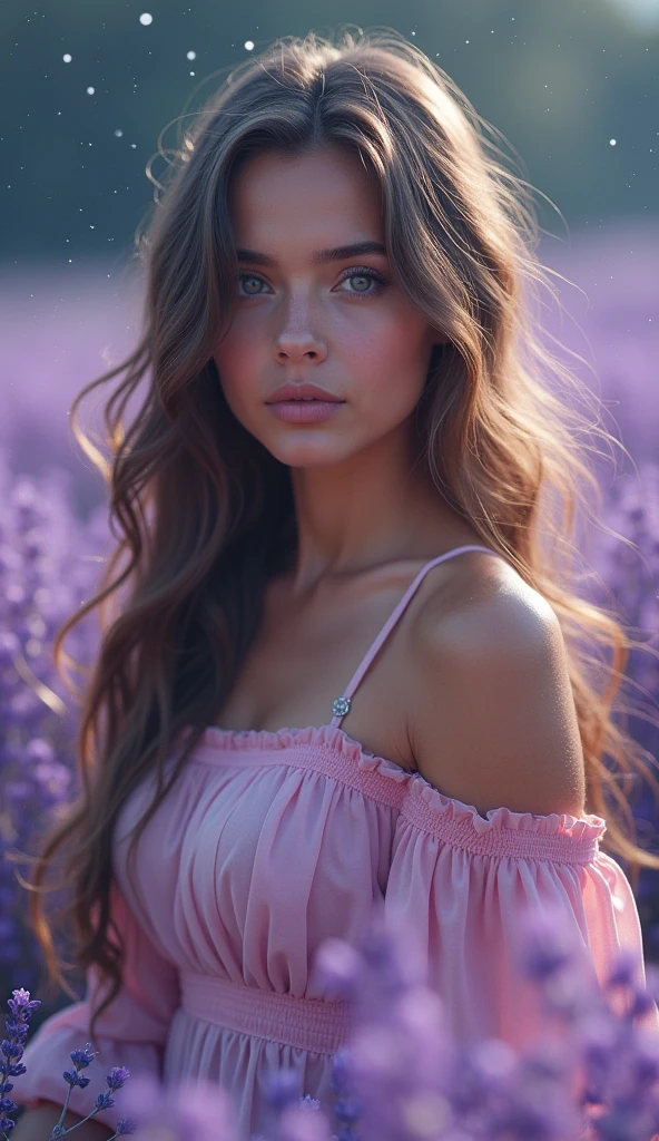 Lace Babydoll with Sheer Panels: Romantic lace babydoll featuring sheer panels and delicate lace detailing, exuding feminine charm. Captured amidst the idyllic lavender fields of Provence, with rows of fragrant lavender stretching towards the horizon. The model showcases ethereal beauty with piercing blue eyes, a delicate nose, and full, rosebud lips. Her makeup is dreamy and romantic with soft lavender hues and a dewy finish, while her hair is styled in loose, tousled waves adorned with delicate lavender blooms.