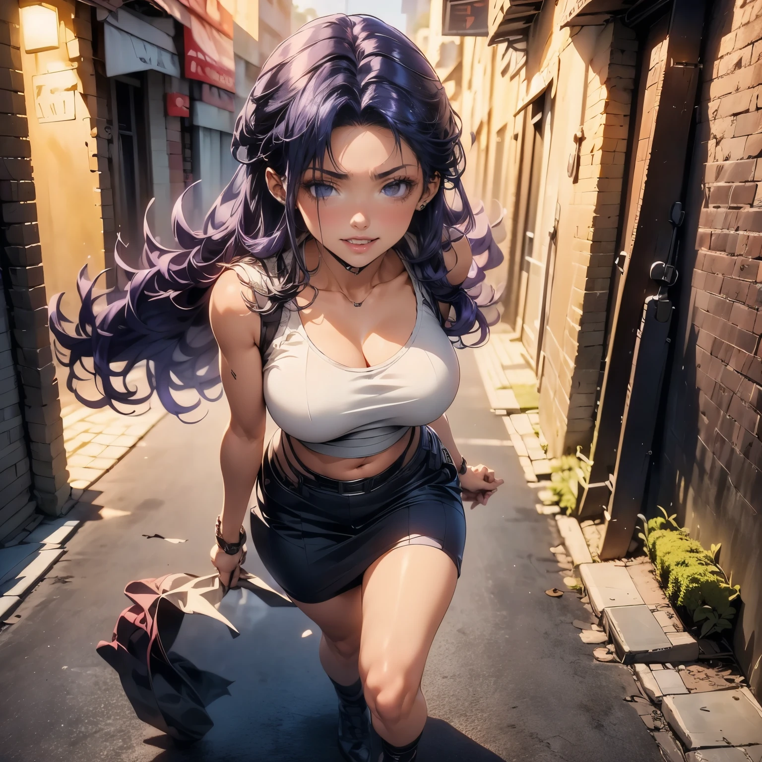 (masterpiece), best quality, 1girl, expressive eyes, perfect face, (purple hair), perfect anatomy, full body, 4k, HDR, full HD, solo, cosplay as Lara Croft, she is escaping from some bandits for a dark alley,