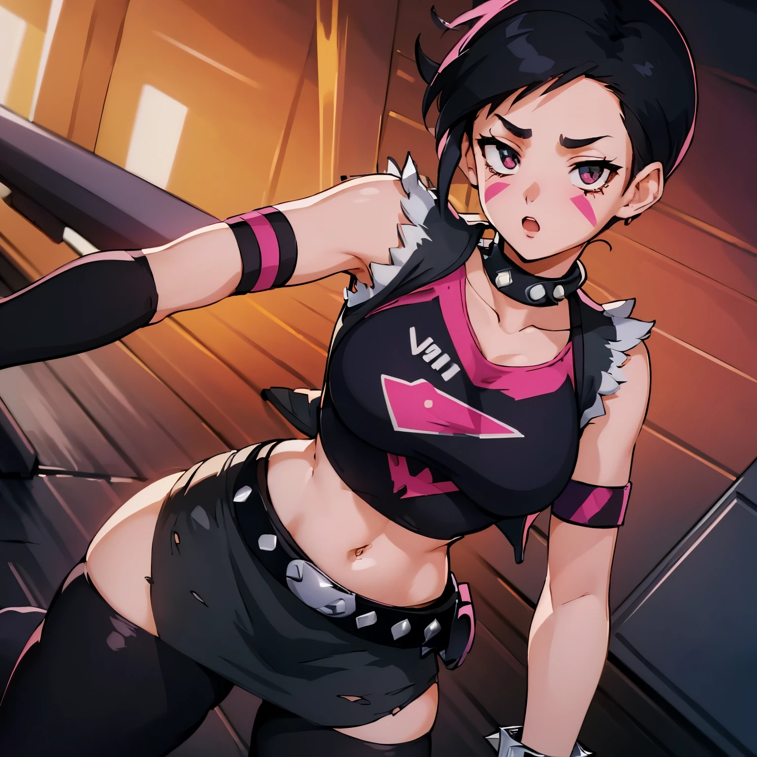 (insanely detailed, beautiful detailed face, masterpiece, best quality), ((masterpiece)),((best quality)),(highres), bokeh, looking at viewer, solo, 1girl, cowboy shot, tygoutfit, midriff, pink leggings ,facepaint, pkmntyg, armband, collar, black vest, black crop top, fingerless gloves, torn clothes, spiked bracelet, belt, black skirt, pink pantyhose, black boots, medium breasts, kotomi takanashi, black hair, black eyes, short hair