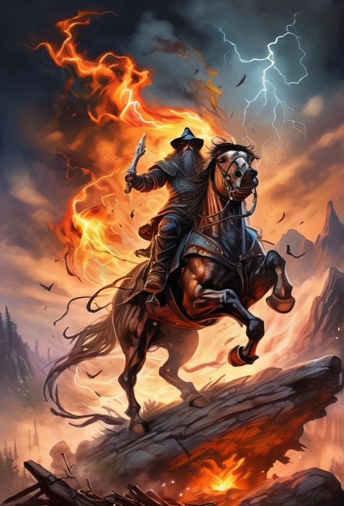 A medieval wizard riding an imposing flaming skeleton horse, dark stormy background, scary trees, evil, rocky mountain, rain, lightning bolts 