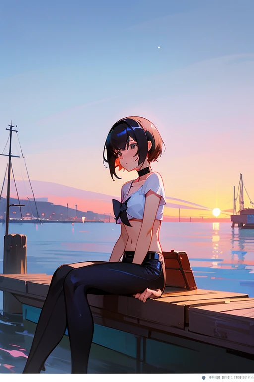 Shirtless anime girl sitting on a pier with boats in the background, detailed Digital anime art, Digital art by Ilya Kuvshinov, Digital anime art, Gweiz-style artwork, artgerm和atey ghailan, Anime style digital art, Enchanting anime girl, Digital anime illustration, Beautiful digital art, Beautiful and attractive anime woman