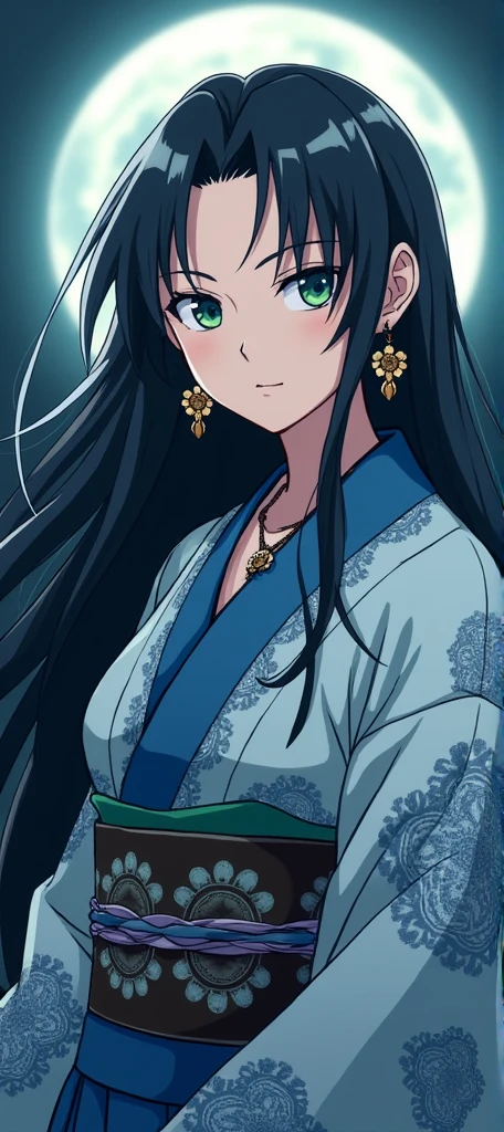 clan: Kagetsu (Moon Flower)

Description: Aiko is a 3 woman, with long black hair that reflects the moonlight, and intense green eyes that seem to shine as if they hold secrets of the herbs he grows. Your skin is clear and smooth, like the petals of a flower, and she has an elegant and confident posture.

Clothing: Aiko wears an elaborate kimono in shades of blue and silver, symbolizing the connection with the moon and the night. The sunflower emblem is embroidered in gold on the sleeves and belt, representing the wealth of their clan and connection with nature. Her accessories include a moonstone necklace and sunflower earrings..

Make it in Naruto Shippuden style please.