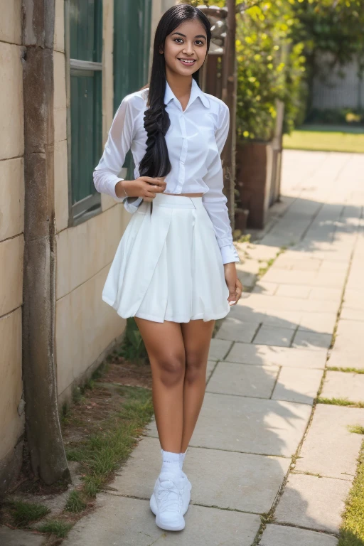 Young sweet beautiful Bogor city girl wearing transparent clothes to go to the school, about seventeen years old, descent mixed from sundanese and javanese, sweet georgeus face, slim body, black hairs pony tailed with a bangs, cute little greek nose, wearing very thin  see through long sleeve white buttoned  Indonesian high school uniform, wearing  thin white see through  very  long skirt, wearing sport  shoes, wearing white short socks, all her naked body visible through her transparent clothes, very  realistic, very detail, best results, no cartoon, normal fingers shape, all in proportional size, standing very cheerful on side walk, very happy georgeus face, bright eyes, artistics sensual best  appearance, 