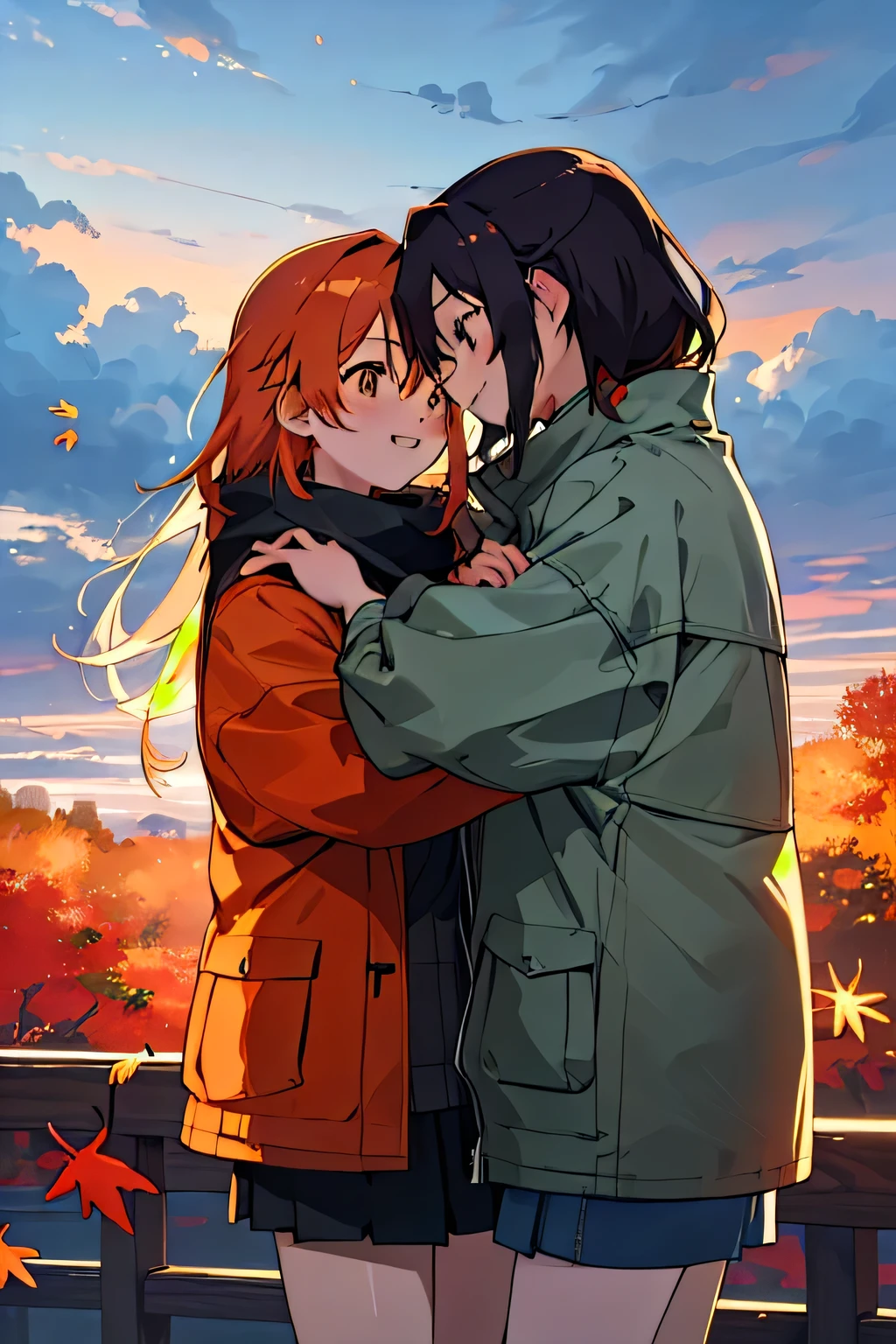 Forehead to forehead, Two Girls, Yuri, Outdoor, cloudy,  jacket,autumn leaves、autumn、evening、High resolution, masterpiece, Best Quality, High detail, Ultra high definition, Textured skin, Anime Style, smile, far and near method, 