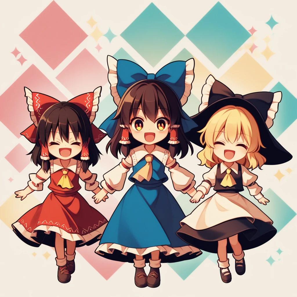 3girls, chibi, cute, playful, touhou project, reimu hakurei, marisa kirisame, cirno, (reimu hakurei and marisa kirisame pointing and laughing at cirno), with "バカ ⑨" texts viewing up and down the frame, highly detailed, masterpiece, 8k, cinematic lighting, vibrant colors, soft pastel palette, whimsical, magical, fantasy