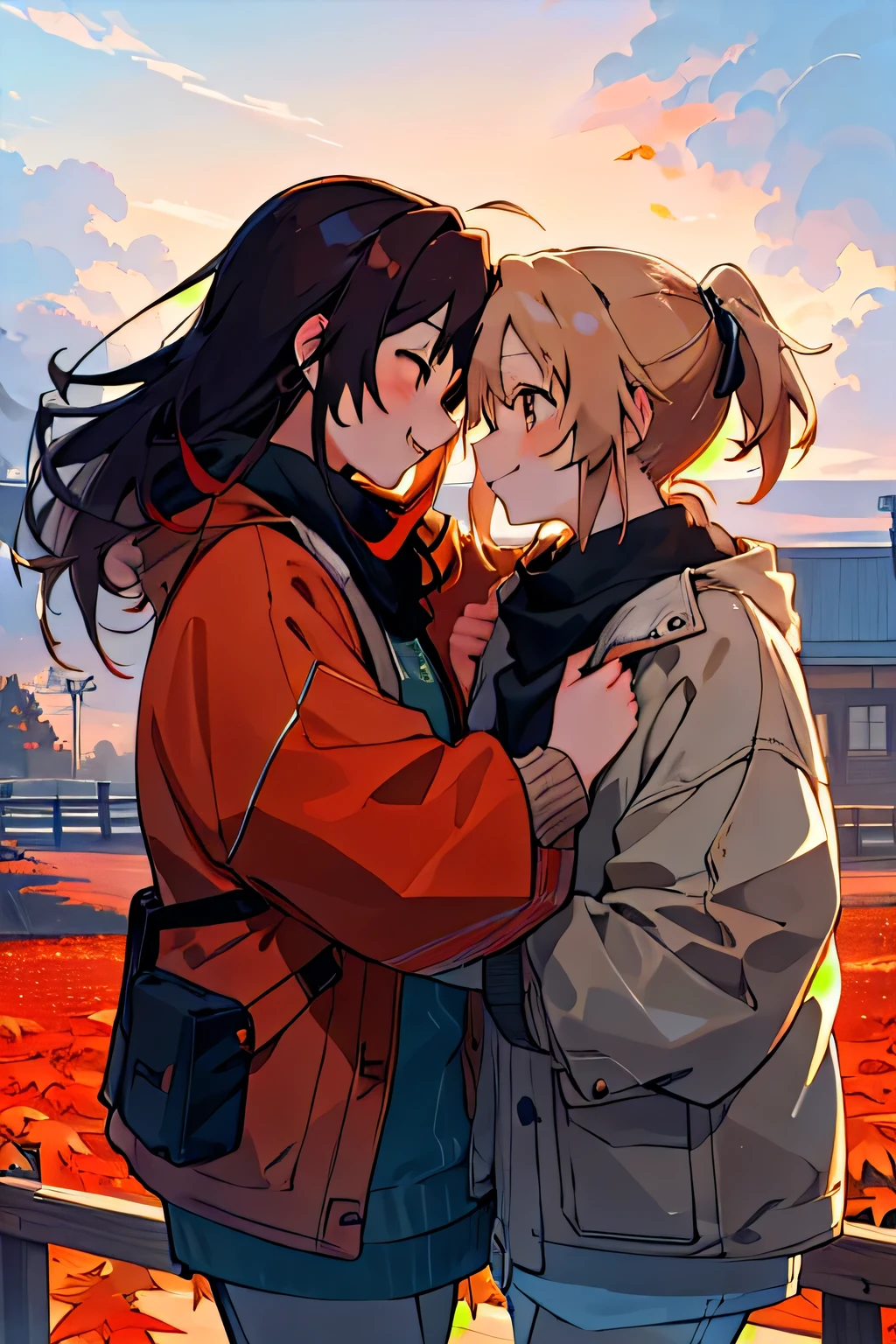 Forehead to forehead, Two Girls, Yuri, Outdoor, cloudy,  jacket,autumn leaves、autumn、evening、High resolution, masterpiece, Best Quality, High detail, Ultra high definition, Textured skin, Anime Style, smile, far and near method, 