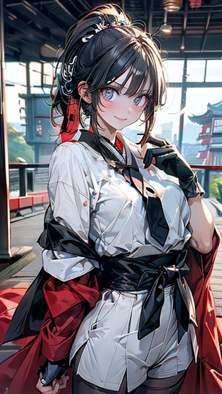 Magazine Cover　Adult features　ponytail　length, Narrow eyes　smile　Glare　frivolous attitude　Japanese clothing　White shirt　Black hot pants　Black long gloves　Black knee socks　Keep your hands on your hips　Japan Hold the sword to your waist　Cape　mechanized japanese castle