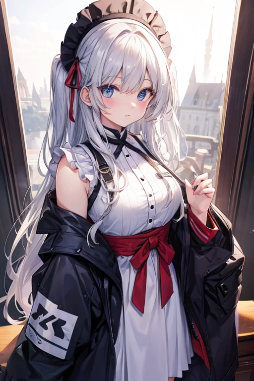 best quality, ultra precision, 1girl,  cute, little girl, young, boyish, childish, small breasts, silver hair, cat ears, blue eyes, beautiful eyes,  girl, ecstasy, sailor collar, estrus, metestrus, start to undress, naughty mood, she loves you, lost virgin, virgin, blush, beautiful skin, big bow on chest