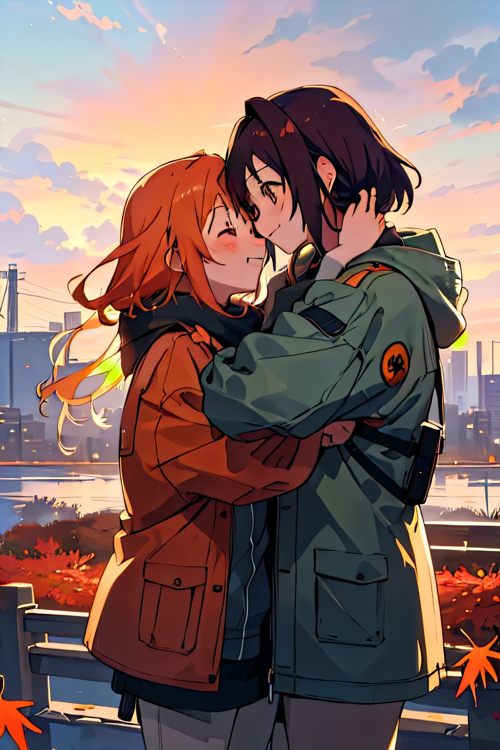 Forehead to forehead, Two Girls, Yuri, Outdoor, cloudy,  jacket,autumn leaves、autumn、evening、High resolution, masterpiece, Best Quality, High detail, Ultra high definition, Textured skin, Anime Style, smile, far and near method, 