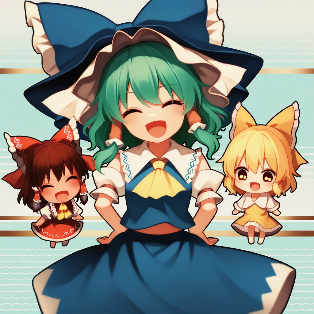 3girls, chibi, cute, playful, touhou project, reimu hakurei, marisa kirisame, cirno, (reimu hakurei and marisa kirisame pointing and laughing at cirno), with "バカ ⑨" texts viewing up and down the frame, highly detailed, masterpiece, 8k, cinematic lighting, vibrant colors, soft pastel palette, whimsical, magical, fantasy