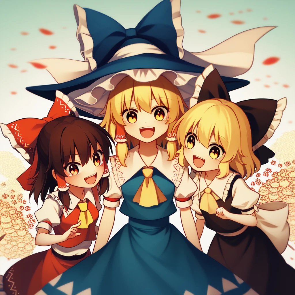 3girls, chibi, cute, playful, touhou project, reimu hakurei, marisa kirisame, cirno, (reimu hakurei and marisa kirisame pointing and laughing at cirno), with "バカ ⑨" texts viewing up and down the frame, highly detailed, masterpiece, 8k, cinematic lighting, vibrant colors, soft pastel palette, whimsical, magical, fantasy