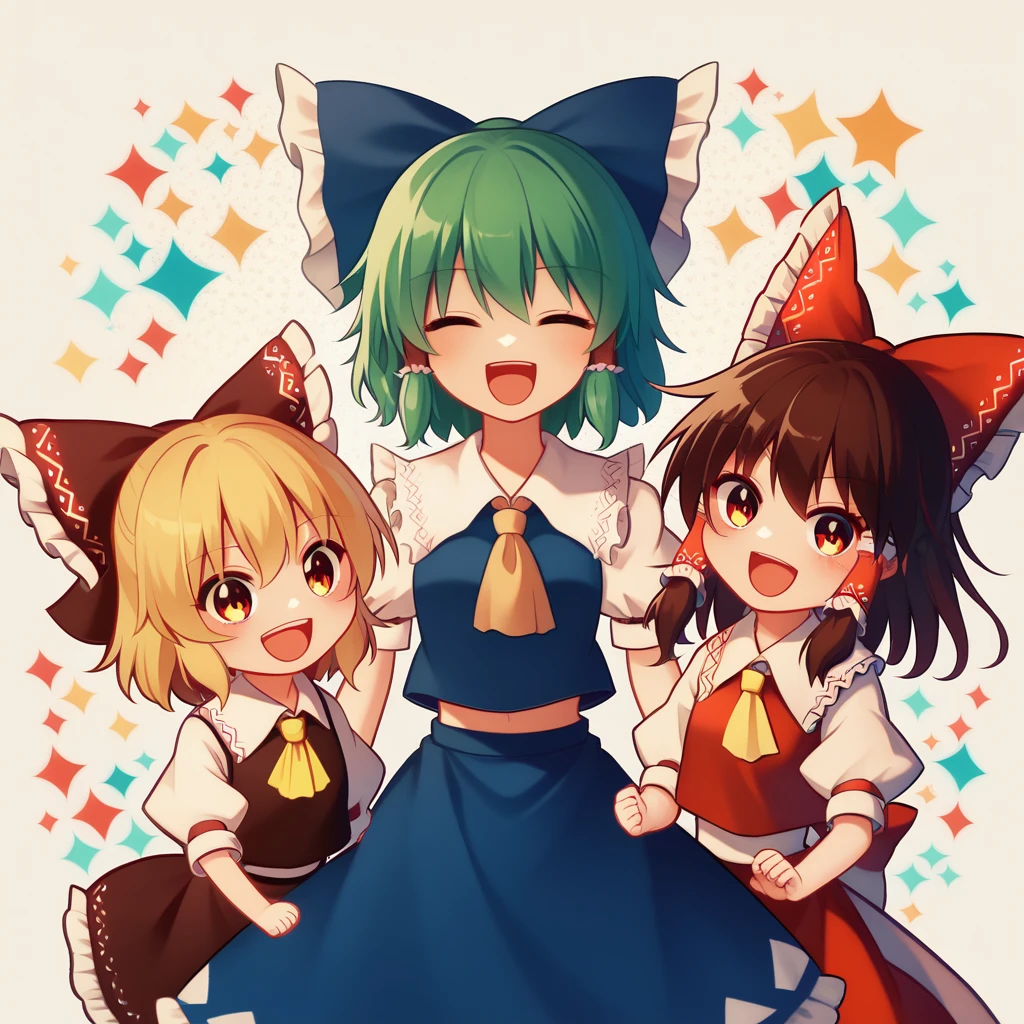 3girls, chibi, cute, playful, touhou project, reimu hakurei, marisa kirisame, cirno, (reimu hakurei and marisa kirisame pointing and laughing at cirno), with "バカ ⑨" texts viewing up and down the frame, highly detailed, masterpiece, 8k, cinematic lighting, vibrant colors, soft pastel palette, whimsical, magical, fantasy