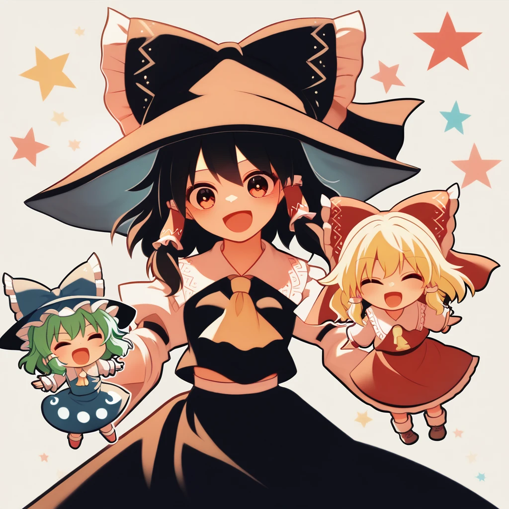 3girls, chibi, cute, playful, touhou project, reimu hakurei, marisa kirisame, cirno, (reimu hakurei and marisa kirisame pointing and laughing at cirno), with "バカ ⑨" texts viewing up and down the frame, highly detailed, masterpiece, 8k, cinematic lighting, vibrant colors, soft pastel palette, whimsical, magical, fantasy