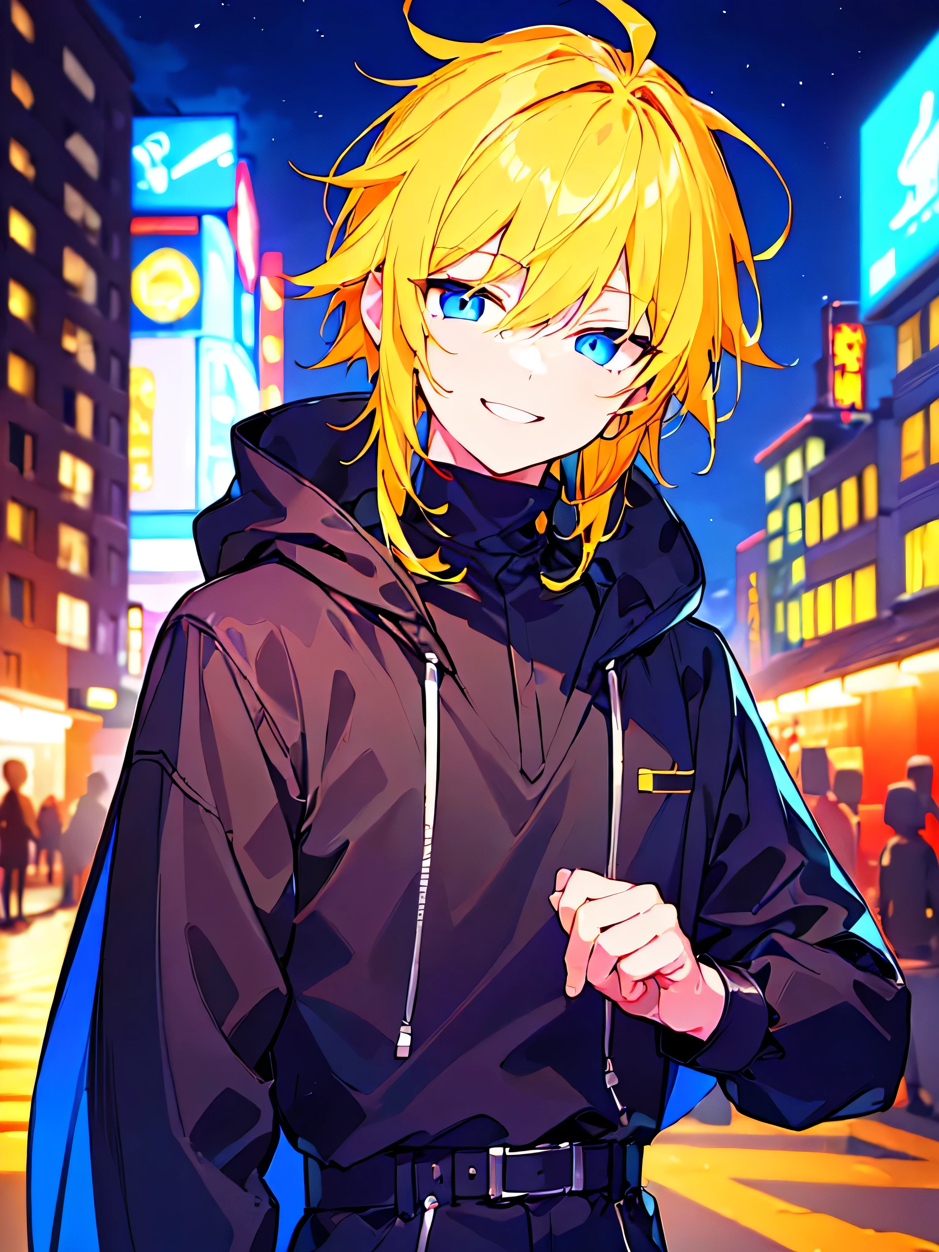 [(CITY BACKGROUND:1.5),::5], ((((masterpiece)))), high quality, ultra very high resolution, full color, (((solo))), (()), ((men's yellow hair)), (blue eyes), anime, ((upper body)), neon light, black parka, NIGHT, smile