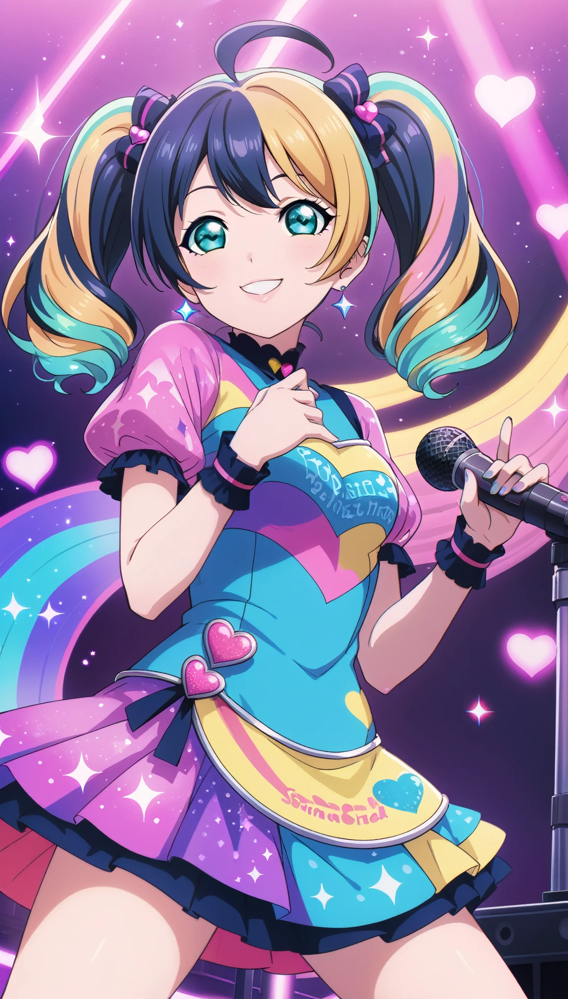 (masterpiece), high details, high quality, (best quality), (super detail), perfect detailed eyes, perfect detailed face, Psychedelic costumes, colorful clothes, Pop art, Fashionable, Heart, musical notes, music, melody, multicolored hair, ahoge, twintails, aqua eyes, light smile, sparkle, Japanese idol star, microphone performance, singing on stage