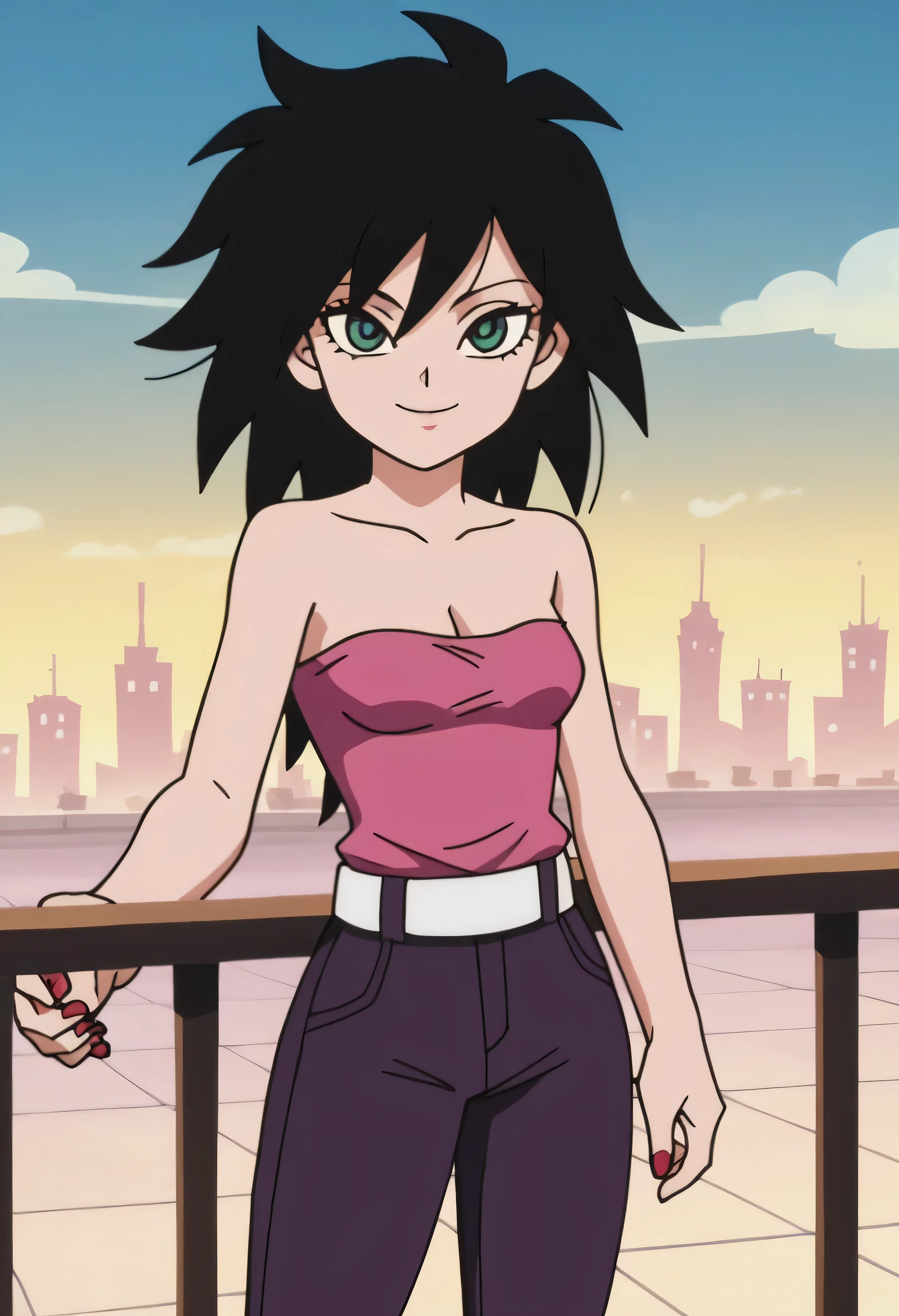 p&s style, rating_safe, score_10, sharp, anime screencap, flat shadows, flat colors, gine, 1girl, solo, breasts, looking at viewer, black hair, arms by side, upper body, outdoors, green eyes, smile, black spiked hair, street, pink shirt, strapless, cleavage, white belt, purple pants, small breasts, sky, clouds, cityscape, smile, looking at viewer, cowboy shot, railing, red fingernails, eyelashes, collarbone, cowboy shot