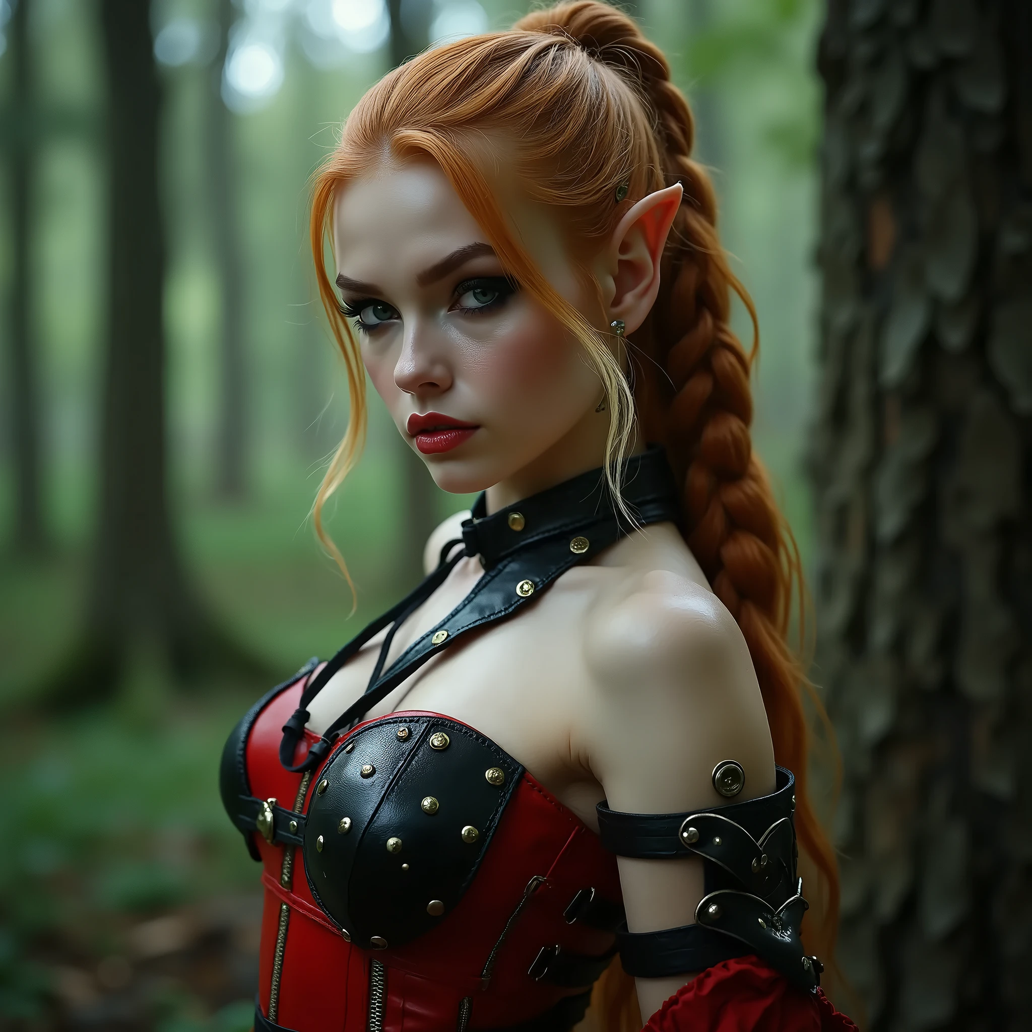 Beautiful 1 ginger slim thin elf sorceress, young woman with slim body, beautiful model, athletic thin body, ancient city in background, ultra realistic, Dark Elf, Perfect face, slim lips, slim nose, athletic model, pussy, titts, nsfw: 1.8, small elf ears, unique face, small pointy straight ears, medium breasts, breasts 30c size, small waist, slim athletic legs, long red hair in long ceremonial warriors braid, freckles on face, freckles on shouldes, freckles on chest, ultra realistic, wearing a gold red and purple belt and nothing else: 1.6, model is nude except for the belt: 1.8, white and pale skin, scary Dark Elf tattoo's cover most of her body: 1.5, blood and scares on body, scars and blood on body, body covered in blood from battle and scars, large brightly colored master's tattoos cover face and body: 1.8, elven tattoos on body, blood red lips, dark purple eye makeup, arri alexa 65, film look, cinematic, natural dynamic pose, very exposed and nsfw:1.8, radiates confidence and power