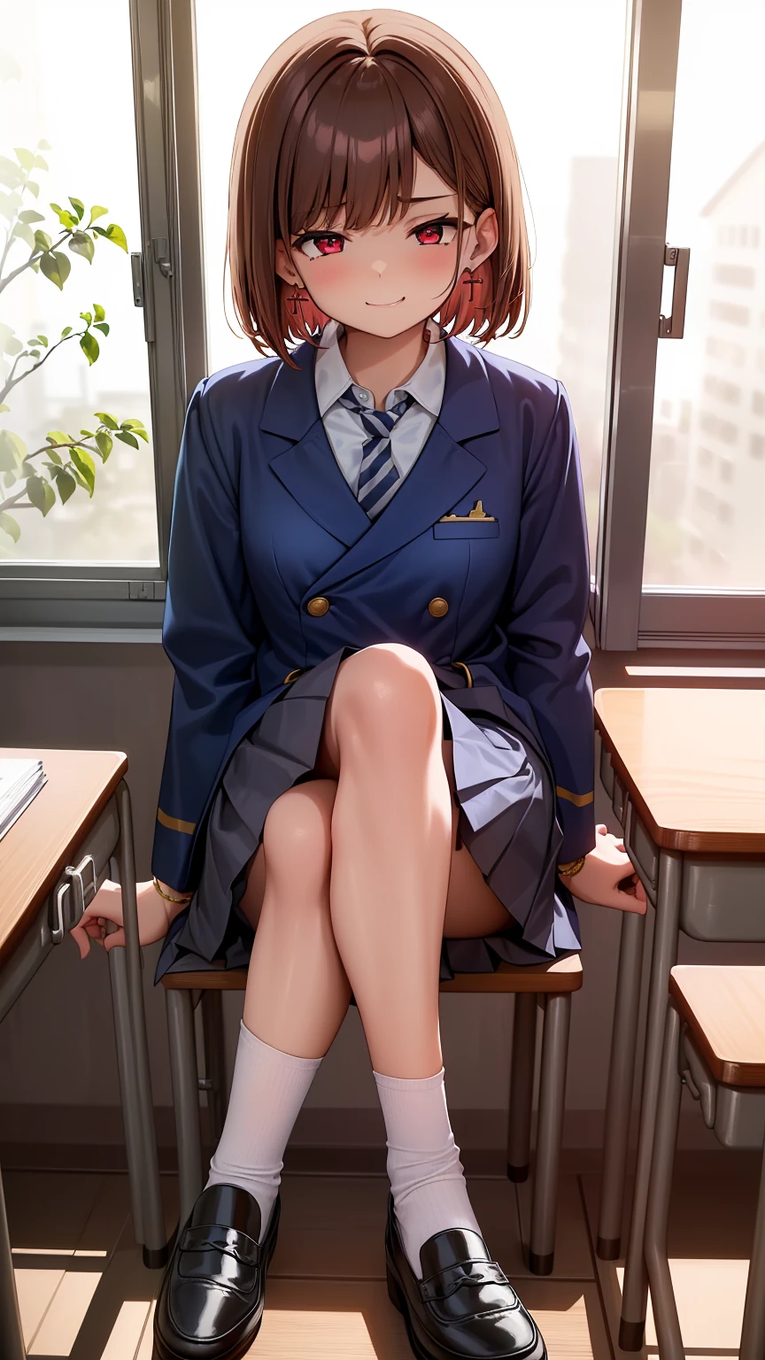 ((1girl, solo ,alone, short hair, red eyes, brown hair, ((short woman, small bust)), painted nails, gold bracelets, ruby earrings)), ((solo, 1woman, pink lipstick, Extremely detailed, ambient soft lighting, 4k, perfect eyes, a perfect face, perfect lighting, a 1girl)), austere, (( Japanese schoolgirl, Japanese school uniform, navy blue blazer, white shirt, striped tie, gray skirt, pleated skirt, brown shoes, white socks, sitting, chair, legs crossed, tables, classroom, window, school, smug ))