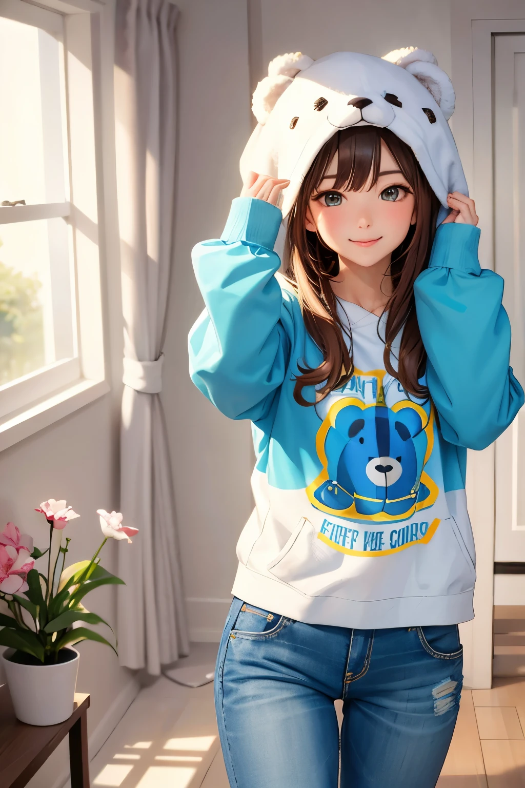 (8K), (Best Quality: 1.2), (Realistic), (Photorealistic: 1.35), ((Dignified Expression)))), Ultra High Definition, 1 Girl, Cute, Smile, Closed Mouth, Beautiful in Detail, Beautiful Nose, Full Body, Colossal, hoodie, ((((Glossy Thighs))), Emphasis on Thighs, High Fleshy, Your room with many stuffed animals, Sit surrounded by stuffed animals,