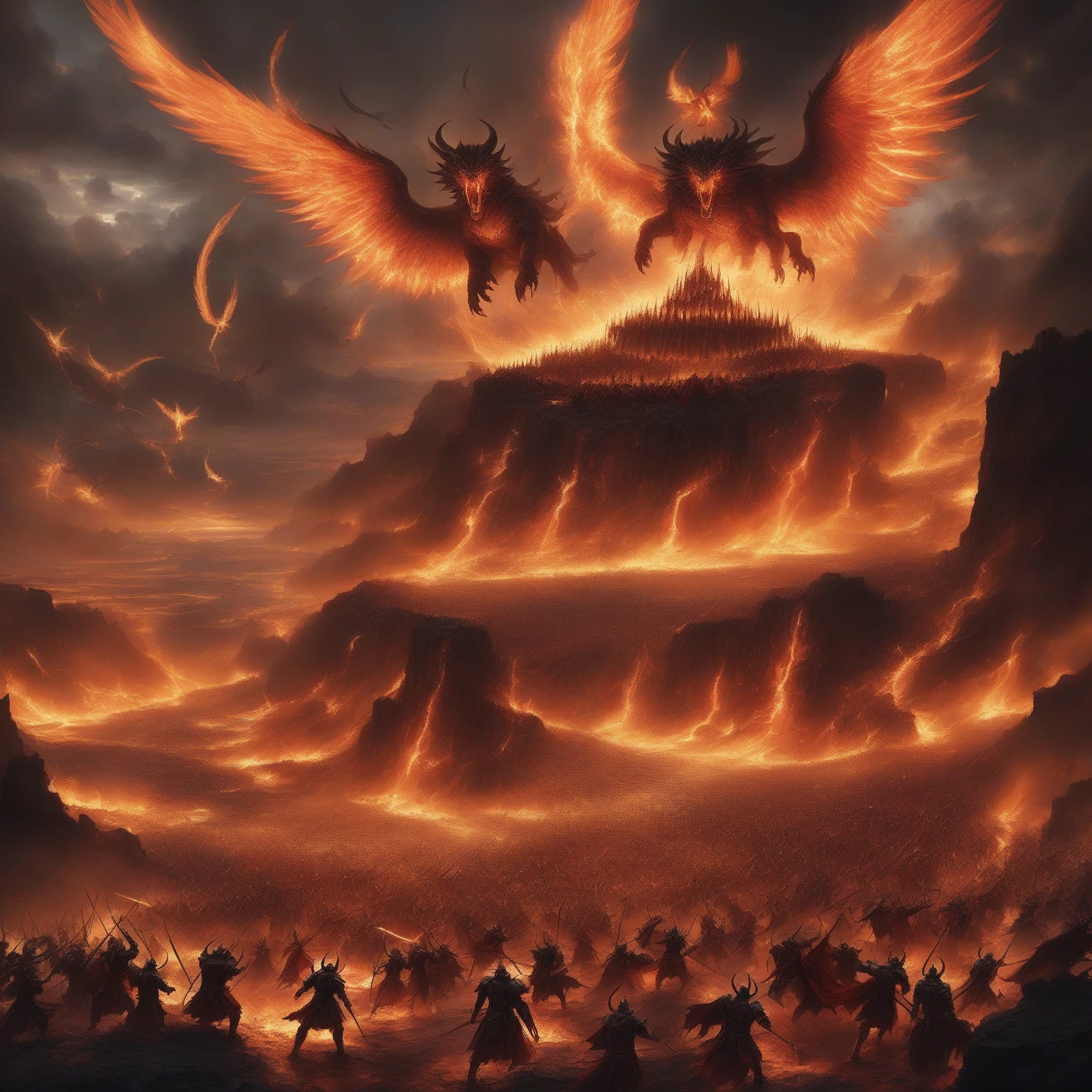 An epic battlefield scene where angelic and demonic forces clash in a grand war. On one side, angelic armies with radiant wings and golden, shimmering armor descend from the heavens, wielding glowing swords and spears of divine light. On the other side, a horde of dark, demonic creatures rise from the molten cracks in the earth, their black wings and burning weapons casting shadows over the battlefield. The ground is torn apart by the intensity of the battle, with rivers of lava flowing between the two sides. The sky is split between heavenly light and dark storm clouds, as the forces of good and evil wage war. In the background, massive celestial and infernal armies can be seen clashing in the distance, with flashes of magical energy and fire lighting up the scene. The image should capture the chaotic energy of the battle, with equal focus on both the angelic and demonic sides, without detailing individual characters, but instead showing the grandeur of the war as a whole, highlighting the contrast between light and darkness.
