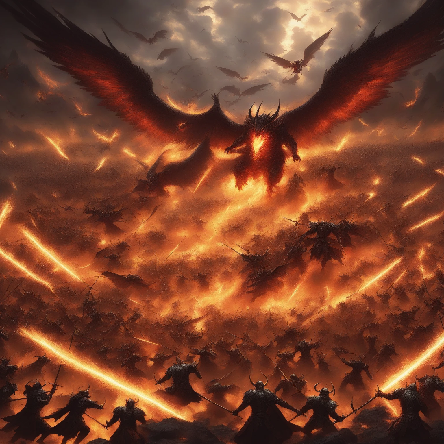 An epic battlefield scene where angelic and demonic forces clash in a grand war. On one side, angelic armies with radiant wings and golden, shimmering armor descend from the heavens, wielding glowing swords and spears of divine light. On the other side, a horde of dark, demonic creatures rise from the molten cracks in the earth, their black wings and burning weapons casting shadows over the battlefield. The ground is torn apart by the intensity of the battle, with rivers of lava flowing between the two sides. The sky is split between heavenly light and dark storm clouds, as the forces of good and evil wage war. In the background, massive celestial and infernal armies can be seen clashing in the distance, with flashes of magical energy and fire lighting up the scene. The image should capture the chaotic energy of the battle, with equal focus on both the angelic and demonic sides, without detailing individual characters, but instead showing the grandeur of the war as a whole, highlighting the contrast between light and darkness.
