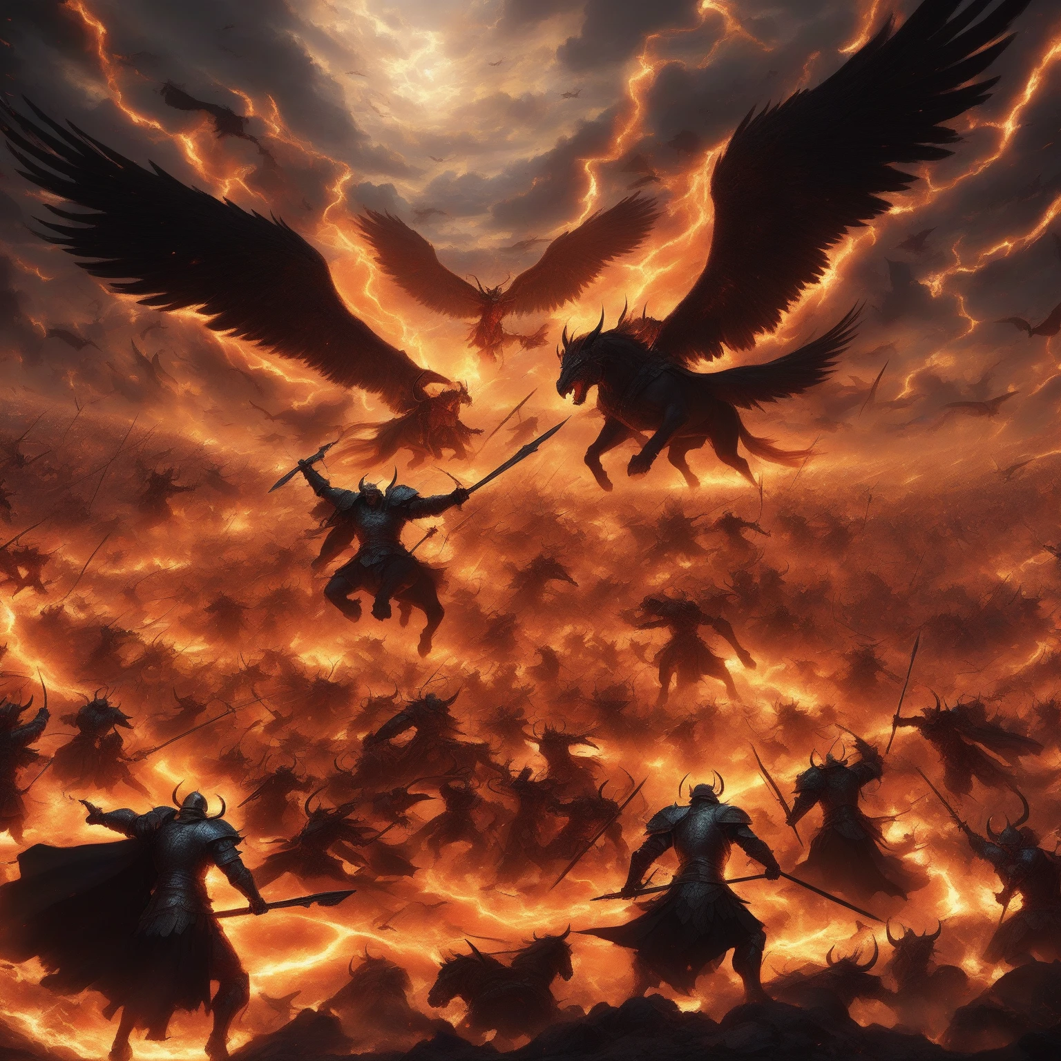 An epic battlefield scene where angelic and demonic forces clash in a grand war. On one side, angelic armies with radiant wings and golden, shimmering armor descend from the heavens, wielding glowing swords and spears of divine light. On the other side, a horde of dark, demonic creatures rise from the molten cracks in the earth, their black wings and burning weapons casting shadows over the battlefield. The ground is torn apart by the intensity of the battle, with rivers of lava flowing between the two sides. The sky is split between heavenly light and dark storm clouds, as the forces of good and evil wage war. In the background, massive celestial and infernal armies can be seen clashing in the distance, with flashes of magical energy and fire lighting up the scene. The image should capture the chaotic energy of the battle, with equal focus on both the angelic and demonic sides, without detailing individual characters, but instead showing the grandeur of the war as a whole, highlighting the contrast between light and darkness.
