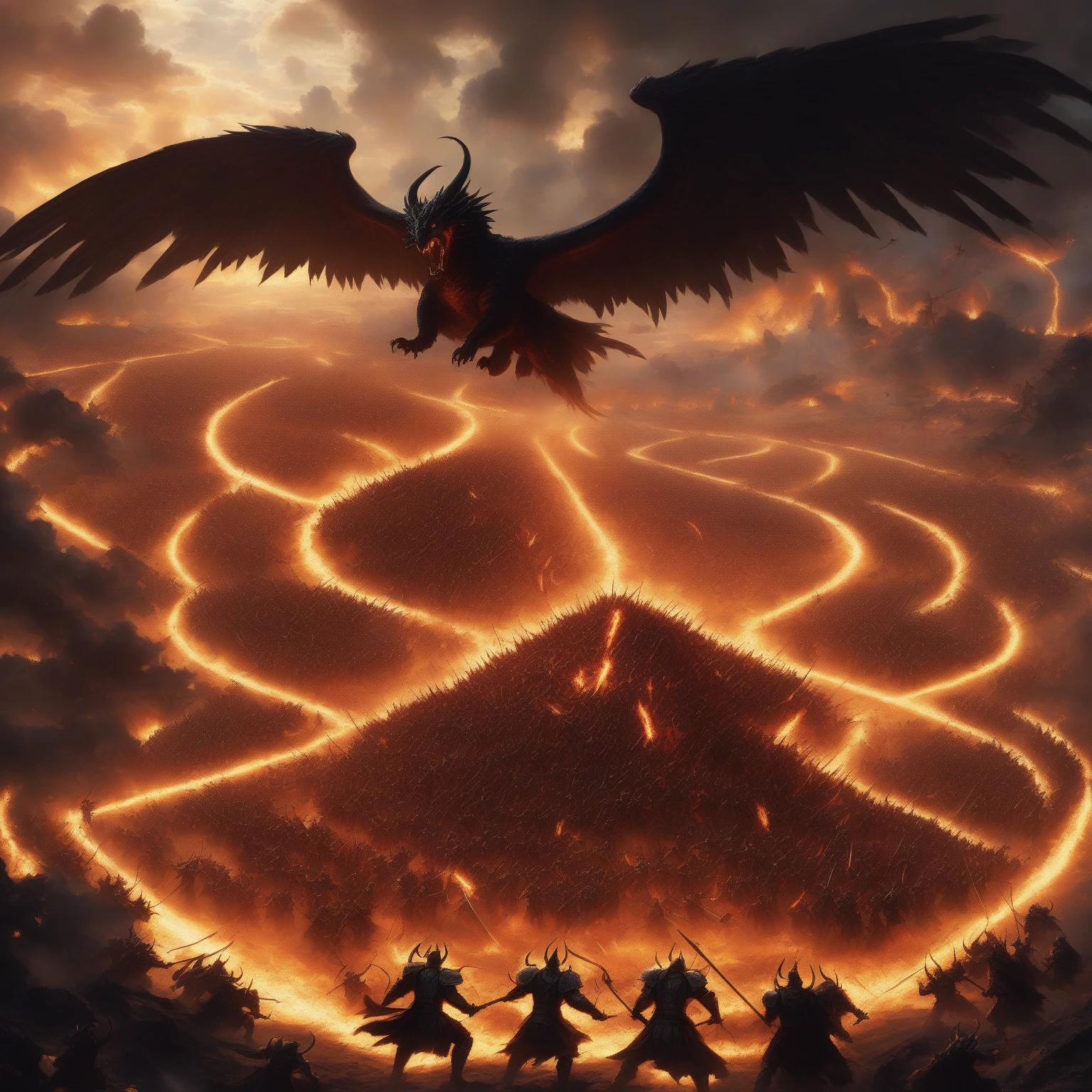 An epic battlefield scene where angelic and demonic forces clash in a grand war. On one side, angelic armies with radiant wings and golden, shimmering armor descend from the heavens, wielding glowing swords and spears of divine light. On the other side, a horde of dark, demonic creatures rise from the molten cracks in the earth, their black wings and burning weapons casting shadows over the battlefield. The ground is torn apart by the intensity of the battle, with rivers of lava flowing between the two sides. The sky is split between heavenly light and dark storm clouds, as the forces of good and evil wage war. In the background, massive celestial and infernal armies can be seen clashing in the distance, with flashes of magical energy and fire lighting up the scene. The image should capture the chaotic energy of the battle, with equal focus on both the angelic and demonic sides, without detailing individual characters, but instead showing the grandeur of the war as a whole, highlighting the contrast between light and darkness.
