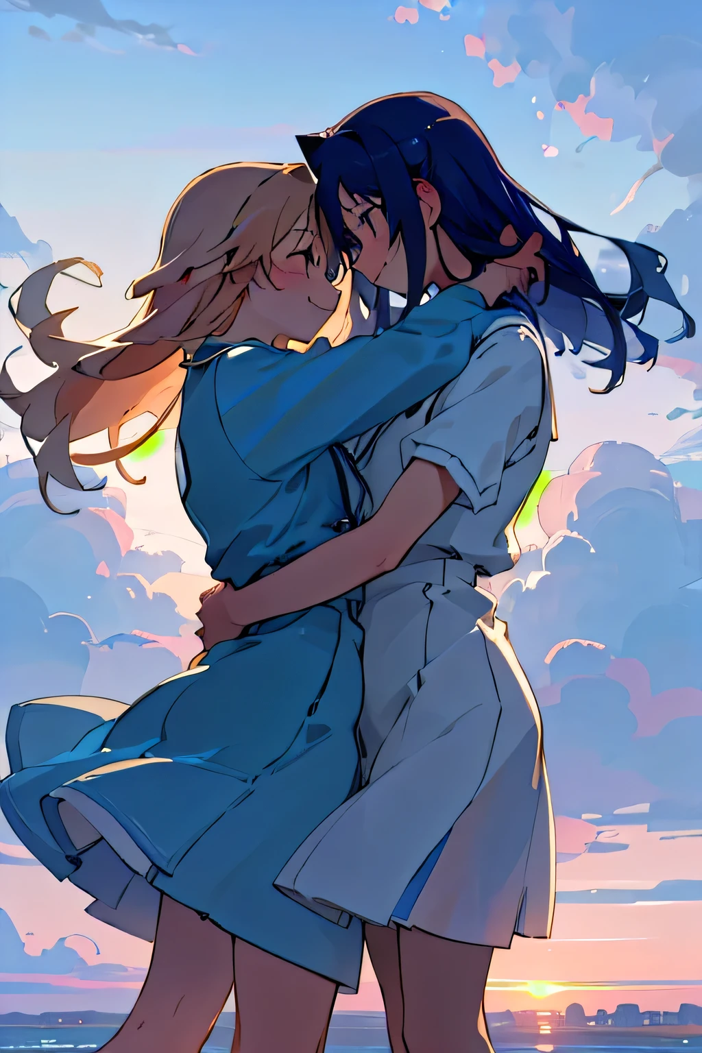 Forehead to forehead, Two Girls, Yuri, Outdoor, cloudy,  Resort、Blue Sky、End of Summer、evening、High resolution, masterpiece, Best Quality, High detail, Ultra high definition, Textured skin, Anime Style, smile, far and near method, Height difference、