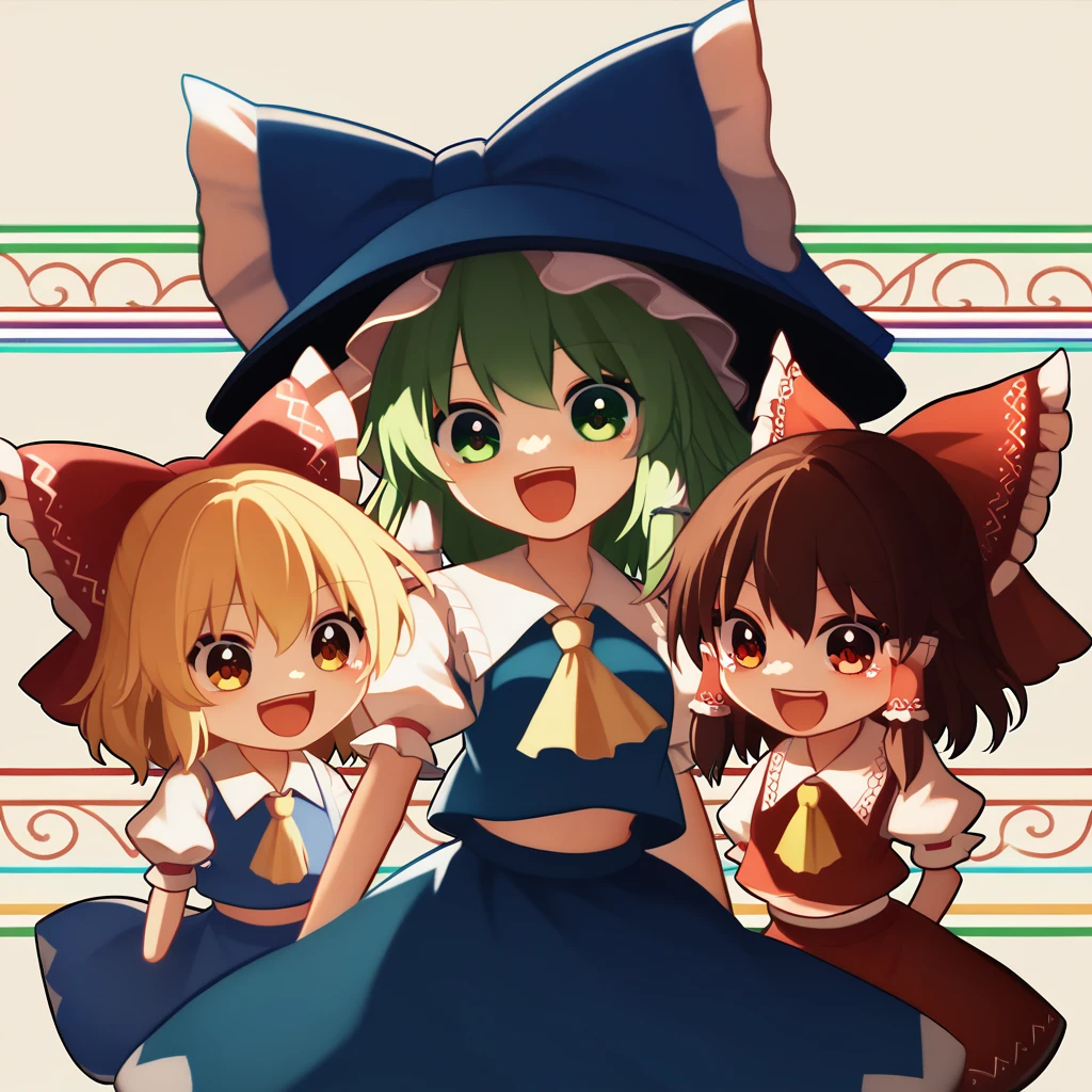 3girls, chibi, cute, playful, touhou project, reimu hakurei, marisa kirisame, cirno, (reimu hakurei and marisa kirisame pointing and laughing at cirno), with "baka ⑨" texts viewing up and down the frame, highly detailed, masterpiece, 8k, cinematic lighting, vibrant colors, soft pastel palette, whimsical, magical, fantasy