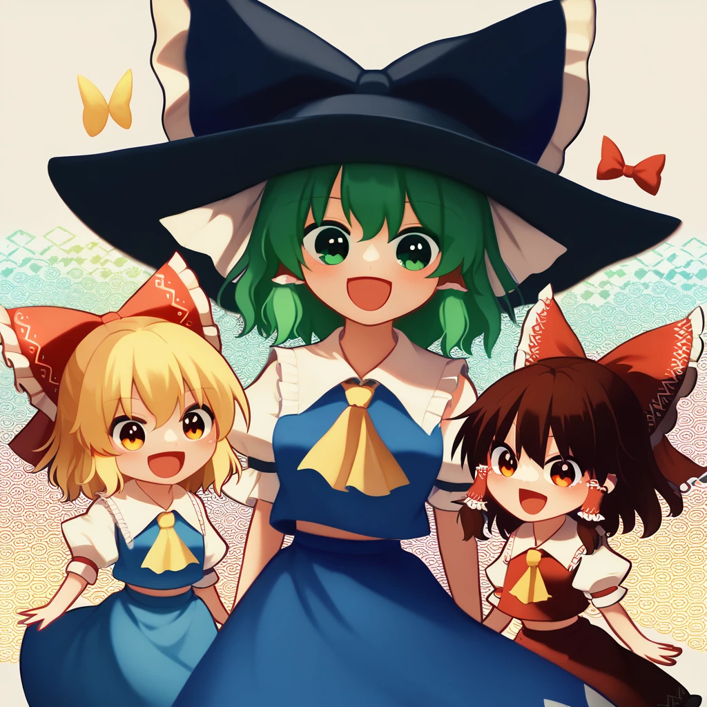 3girls, chibi, cute, playful, touhou project, reimu hakurei, marisa kirisame, cirno, (reimu hakurei and marisa kirisame pointing and laughing at cirno), with "baka ⑨" texts viewing up and down the frame, highly detailed, masterpiece, 8k, cinematic lighting, vibrant colors, soft pastel palette, whimsical, magical, fantasy